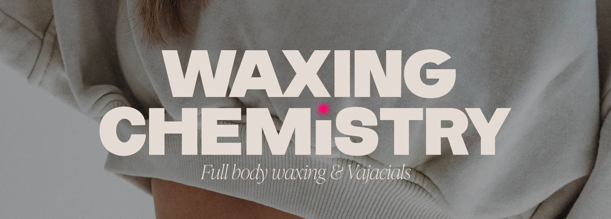 Waxing Chemistry Logo designed by Wiitboh Studio overlaid on an image of a closeup of a woman in a gray sweatshirt.