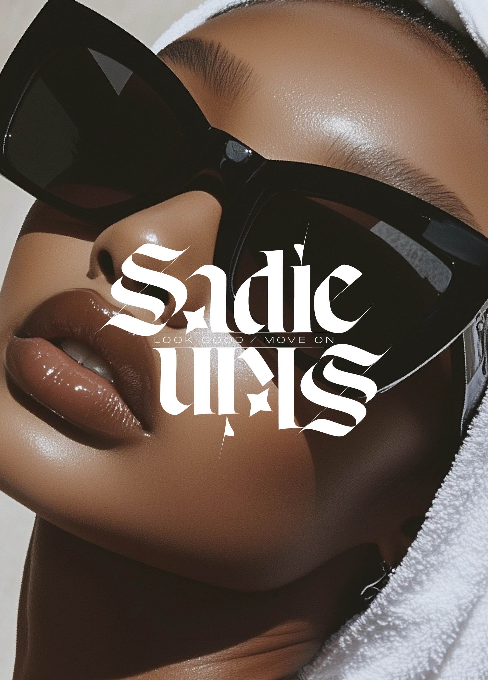 Close-up of a persons face, wearing large black sunglasses. The overlay text reads "Sadie Skin" it is the Sadie Skin logo in white designed by Wiitboh Studio.