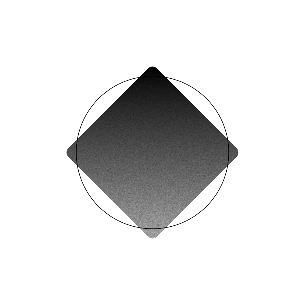 Abstract black and gray gradient diamond shape overlapping a thin black circle on a white background