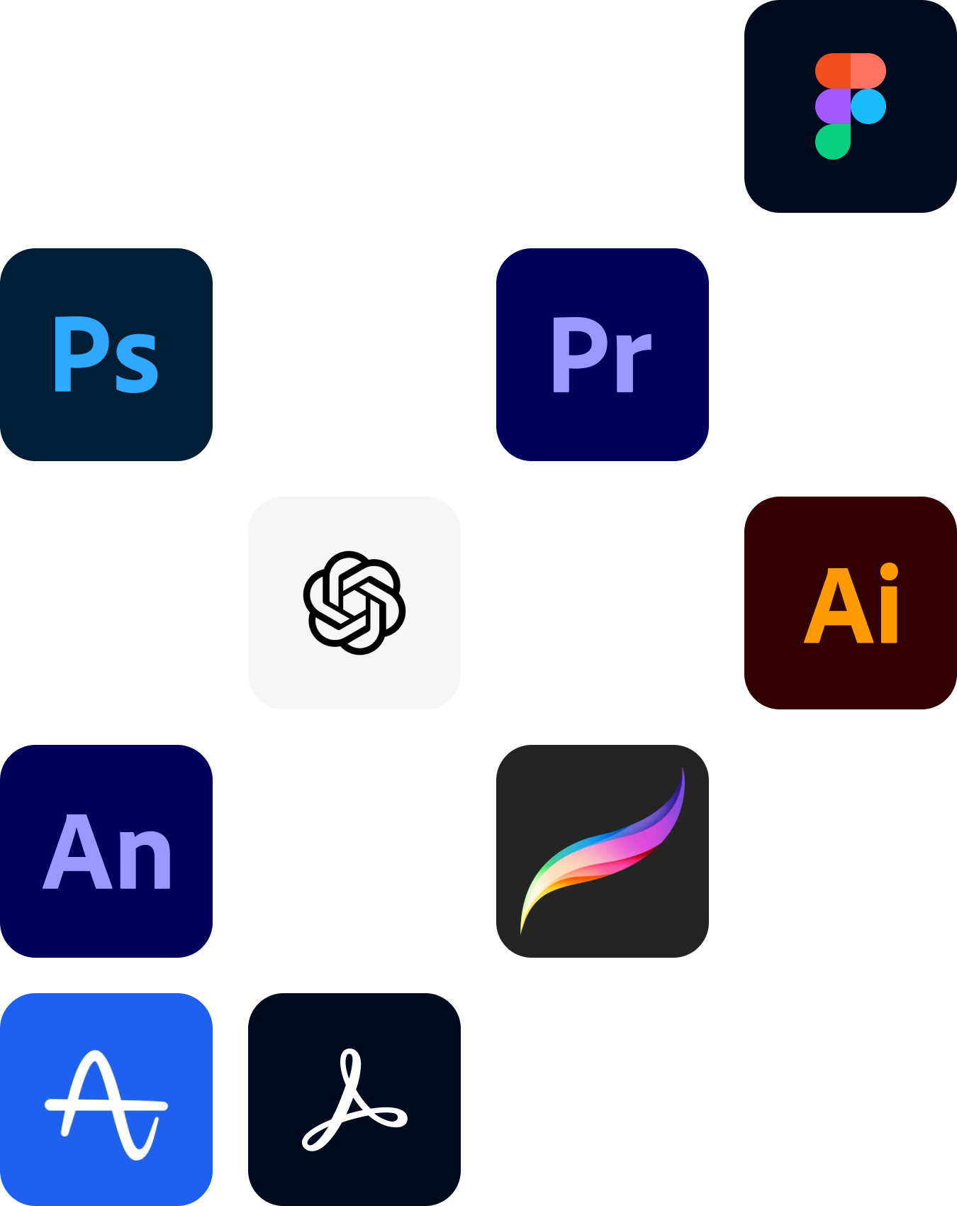Collage of software and AI logos, including Figma, Photoshop, Premiere Pro, ChatGPT, Adobe Illustrator, Procreate, and Acrobat.