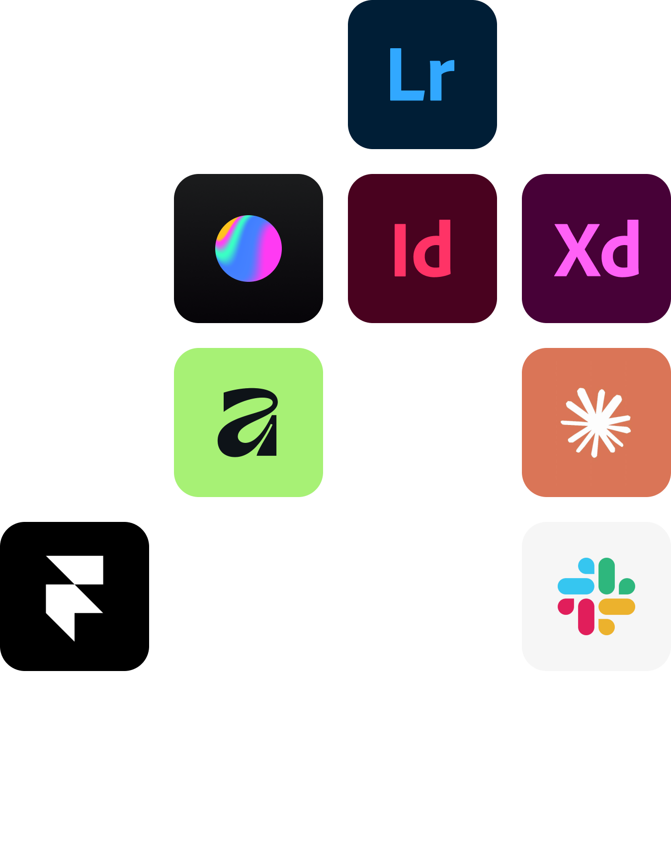 Collage of colorful app and software logos, including Adobe Lightroom, Slack, and other abstract brand icons on a black background