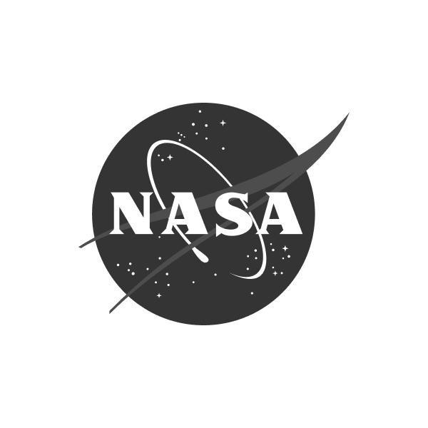 Black-and-white NASA logo with orbiting swoosh, stars, and white NASA lettering