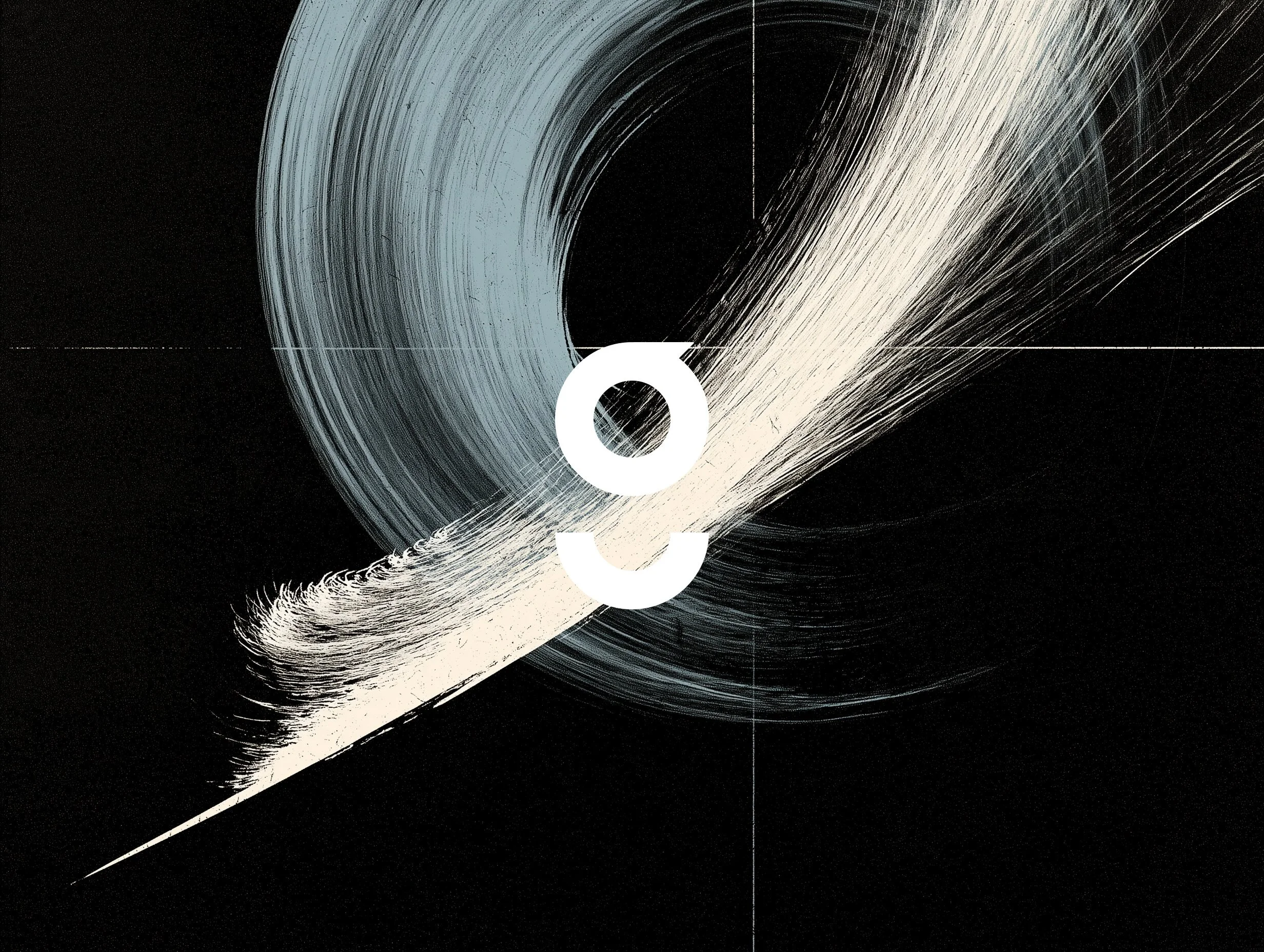 Abstract black-and-white brushstroke loops with a bold white circular geometric symbol on a textured black background.