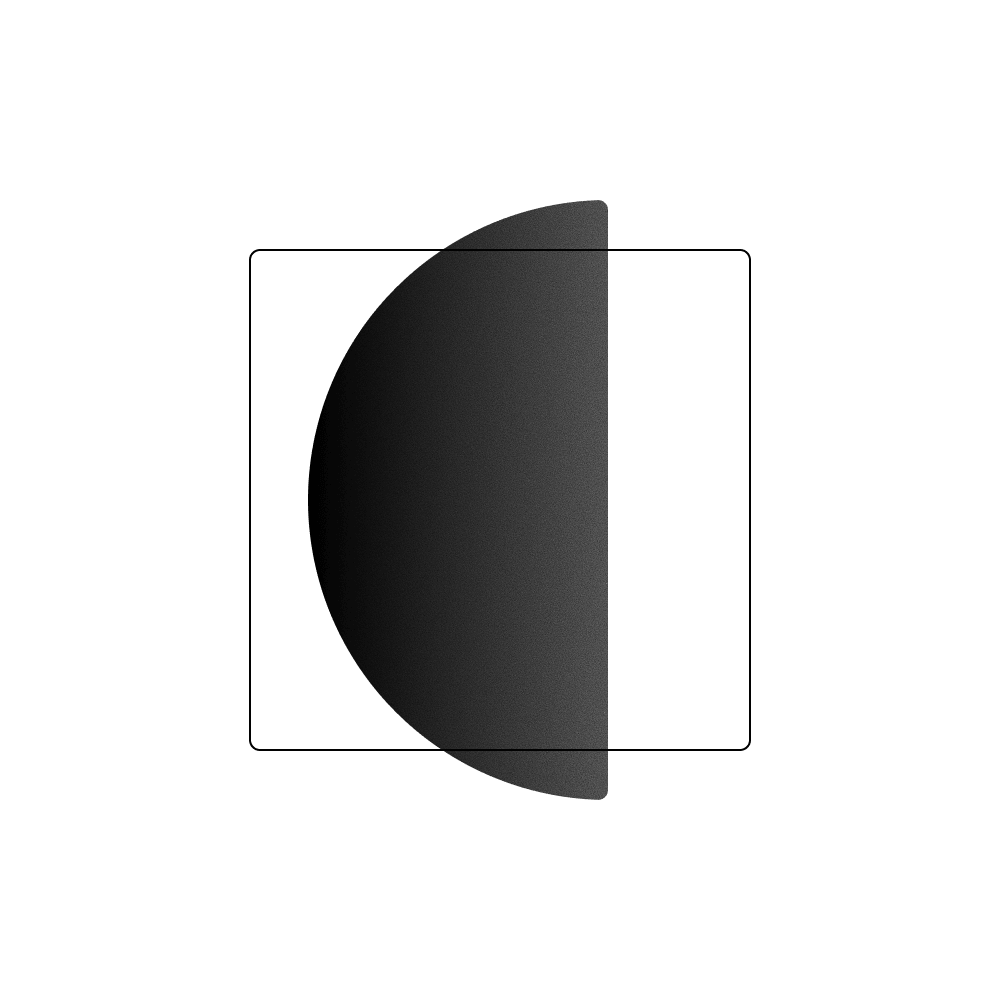 Abstract black gradient circle overlapping a thin rounded square outline on a white background