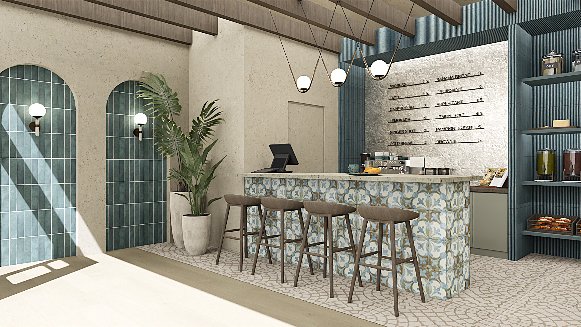 Interieur van een modern café met een bar, vier barkrukken, een menu op de muur en planken met koffiebonen en snacks.