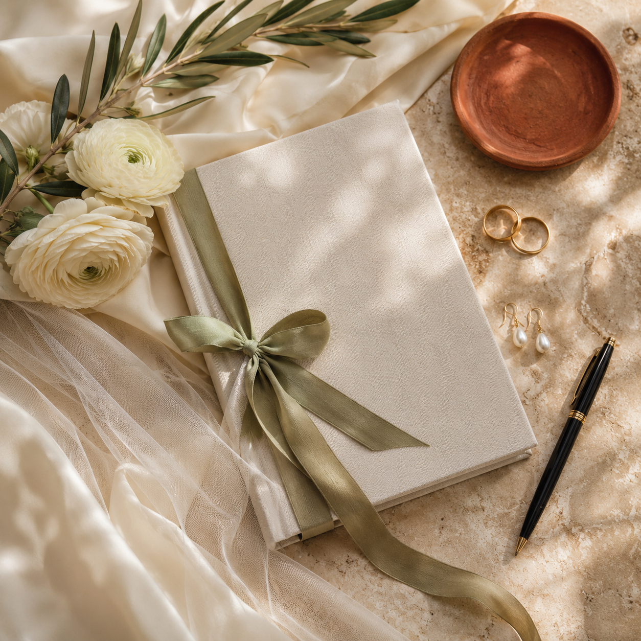 Wedding or special occasion flat lay with a white gift box tied with a green ribbon, white flowers, wedding rings, pearl earrings, a pen, and a brass bowl, on a beige marble surface with satin and tulle fabric.