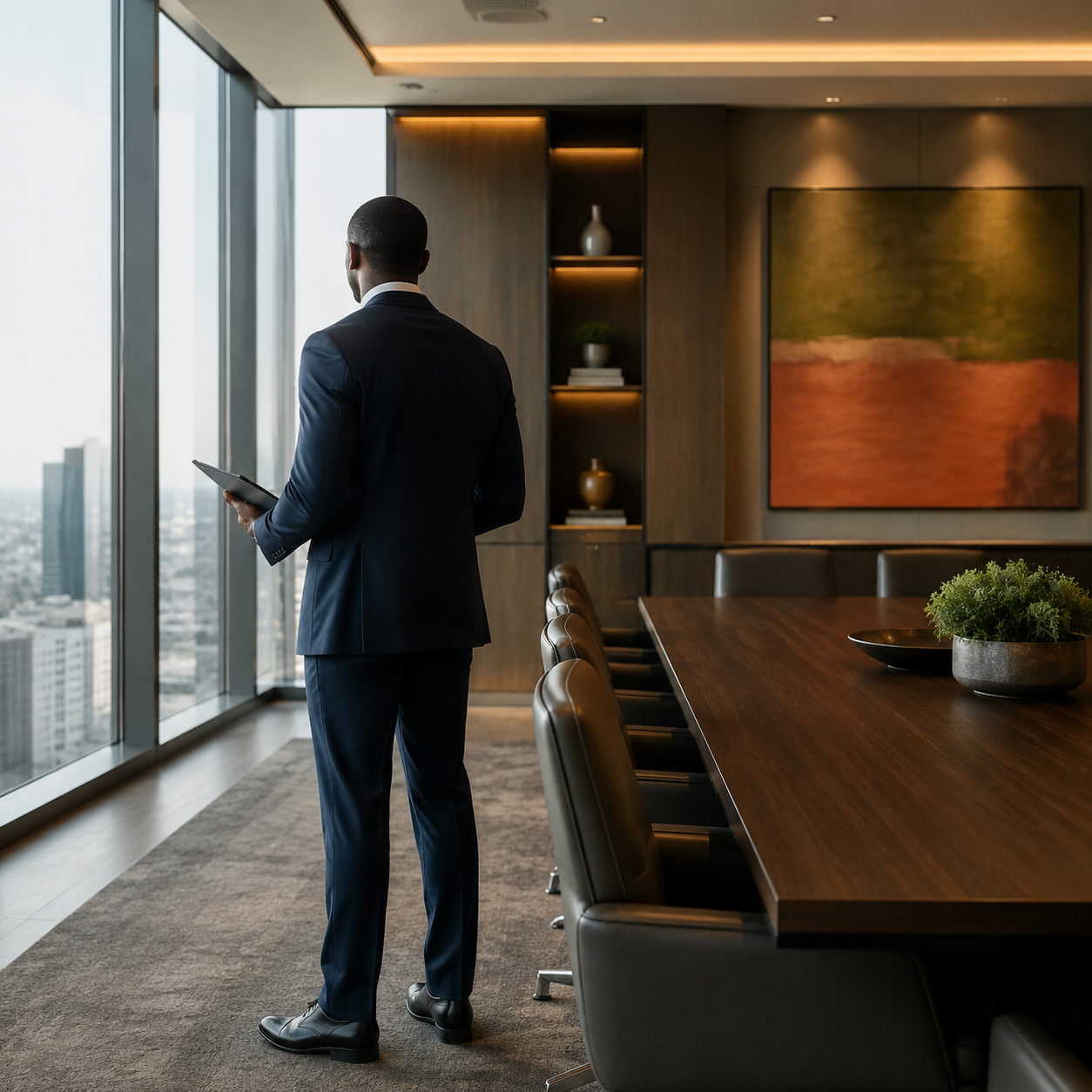 A man in a suit stands in a modern office conference room near large windows overlooking a cityscape, holding a tablet.