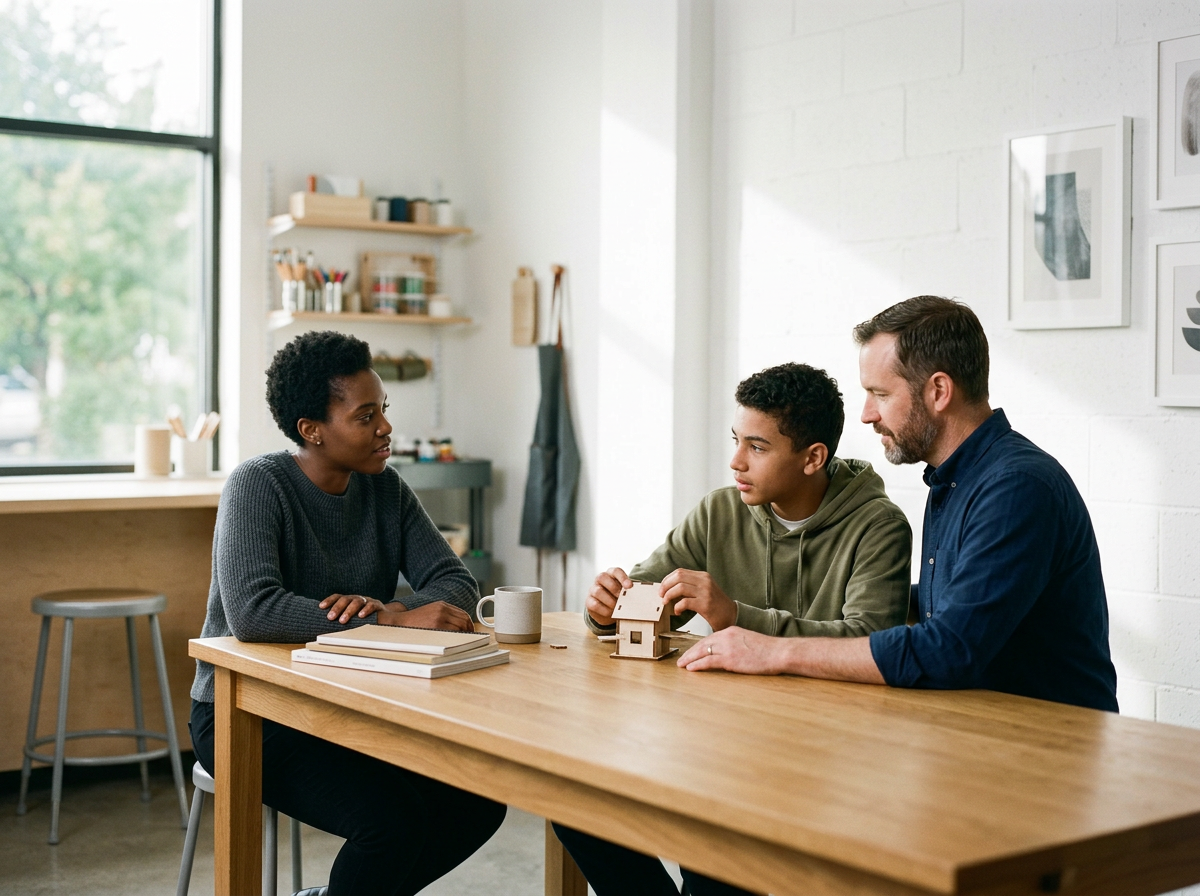 A family of three is sitting at a wooden table engaged in a discussion, with a woman and a man listening to a teenage boy who is showing a small wooden house model. The room has large windows, light-colored walls, and minimal decor.