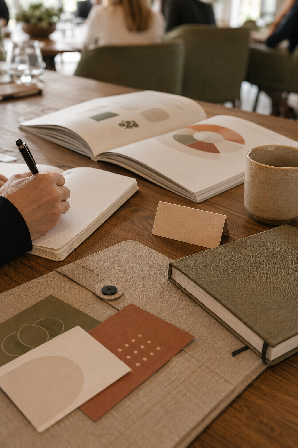 People sitting around a wooden table working with notebooks, a large open book with colorful charts, a ceramic mug, and various stationery items in a well-lit room.