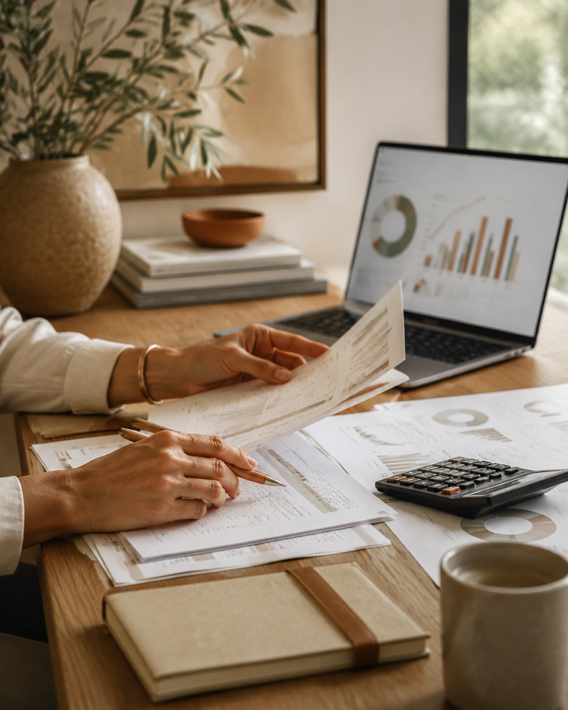 Person working at a wooden desk with financial documents, a calculator, a laptop displaying charts, a notebook, and a cup. The background features decorative items and a window.
