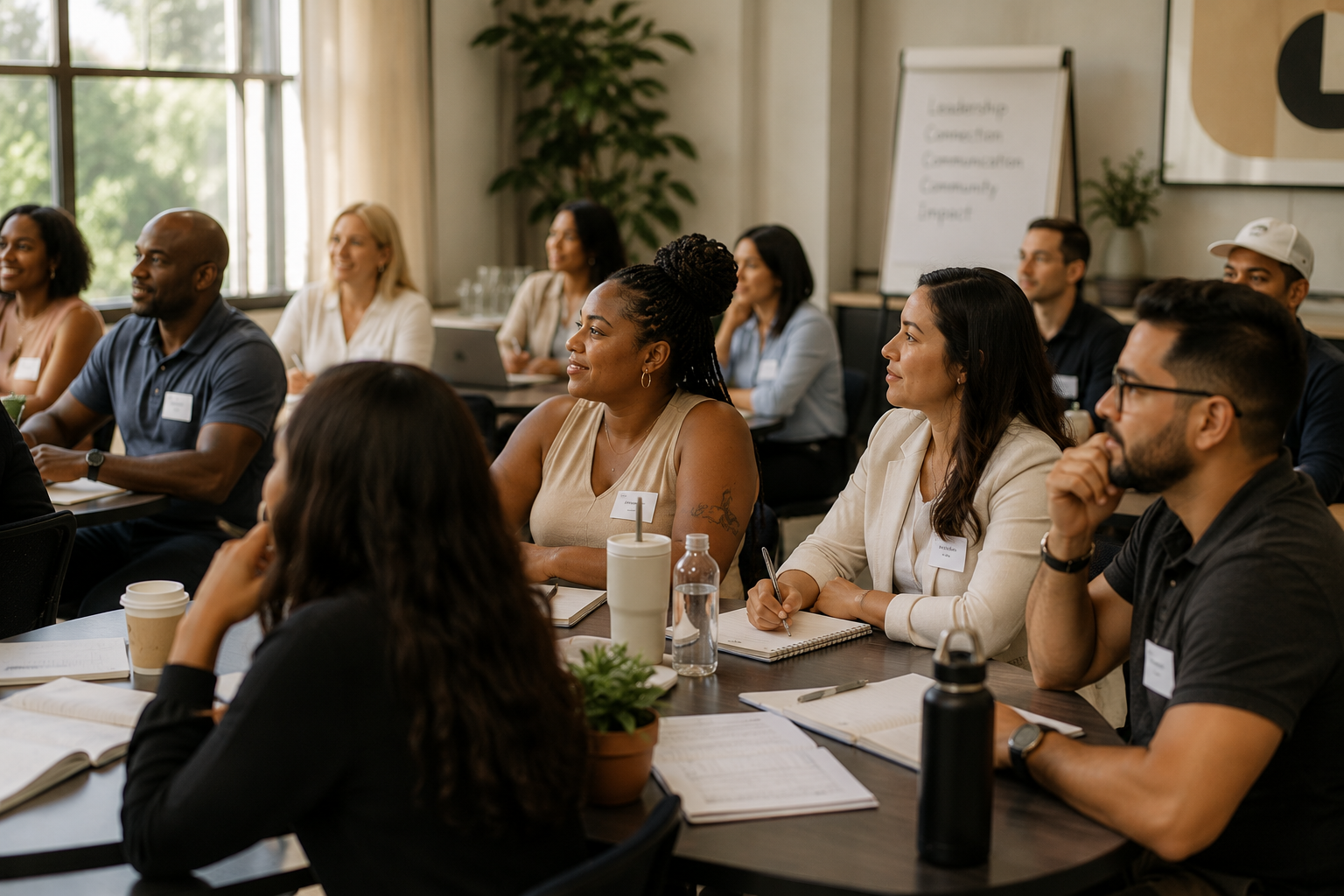 A diverse group of professionals attending a seminar or workshop in a bright conference room with large windows, taking notes and listening attentively.