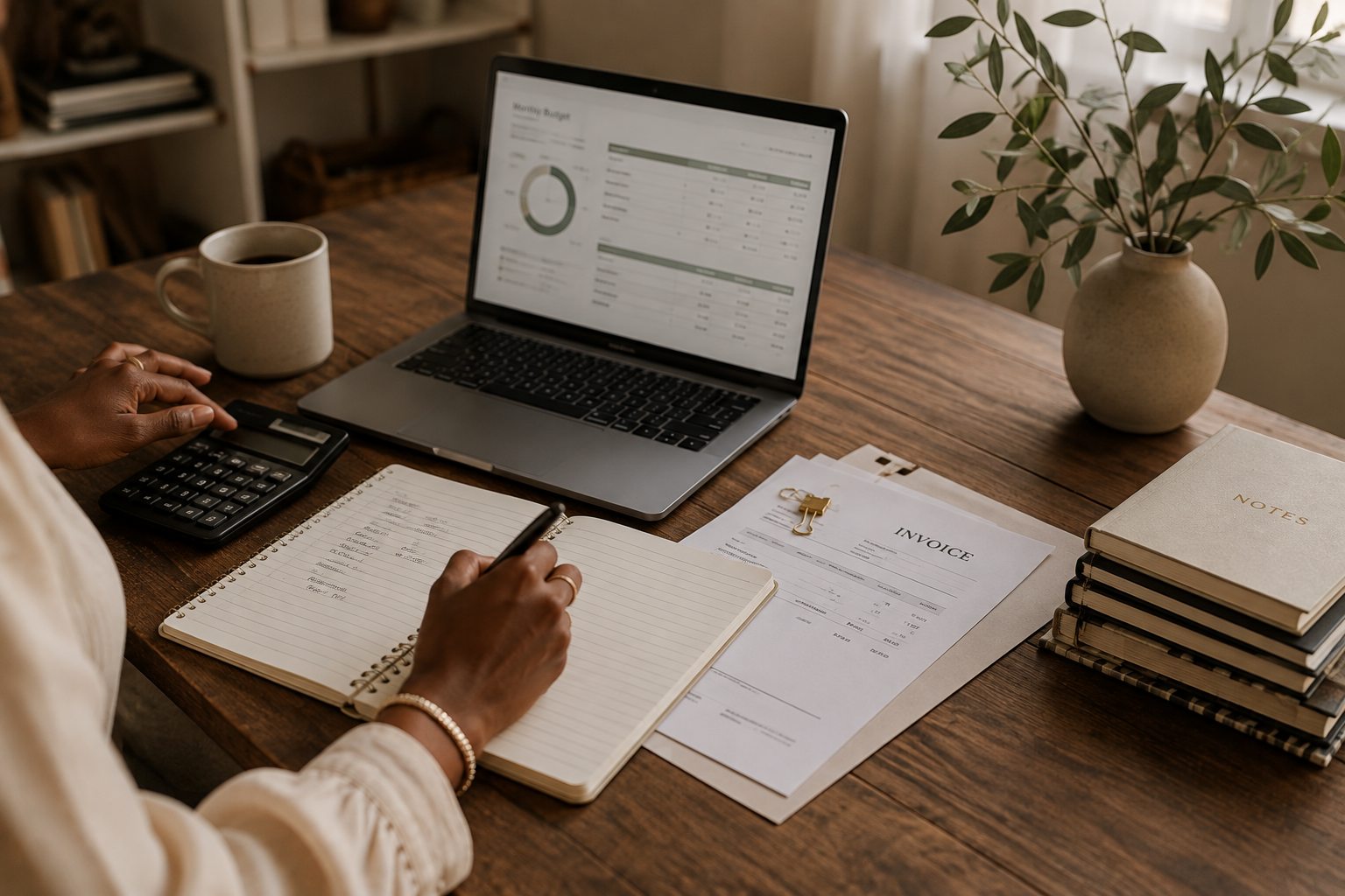 A person working at a wooden desk with a laptop displaying a financial dashboard, a calculator, a notebook, a cup of coffee, a pen, printed invoices, a stack of notebooks, a decorative vase with green leaves, and handwritten notes.