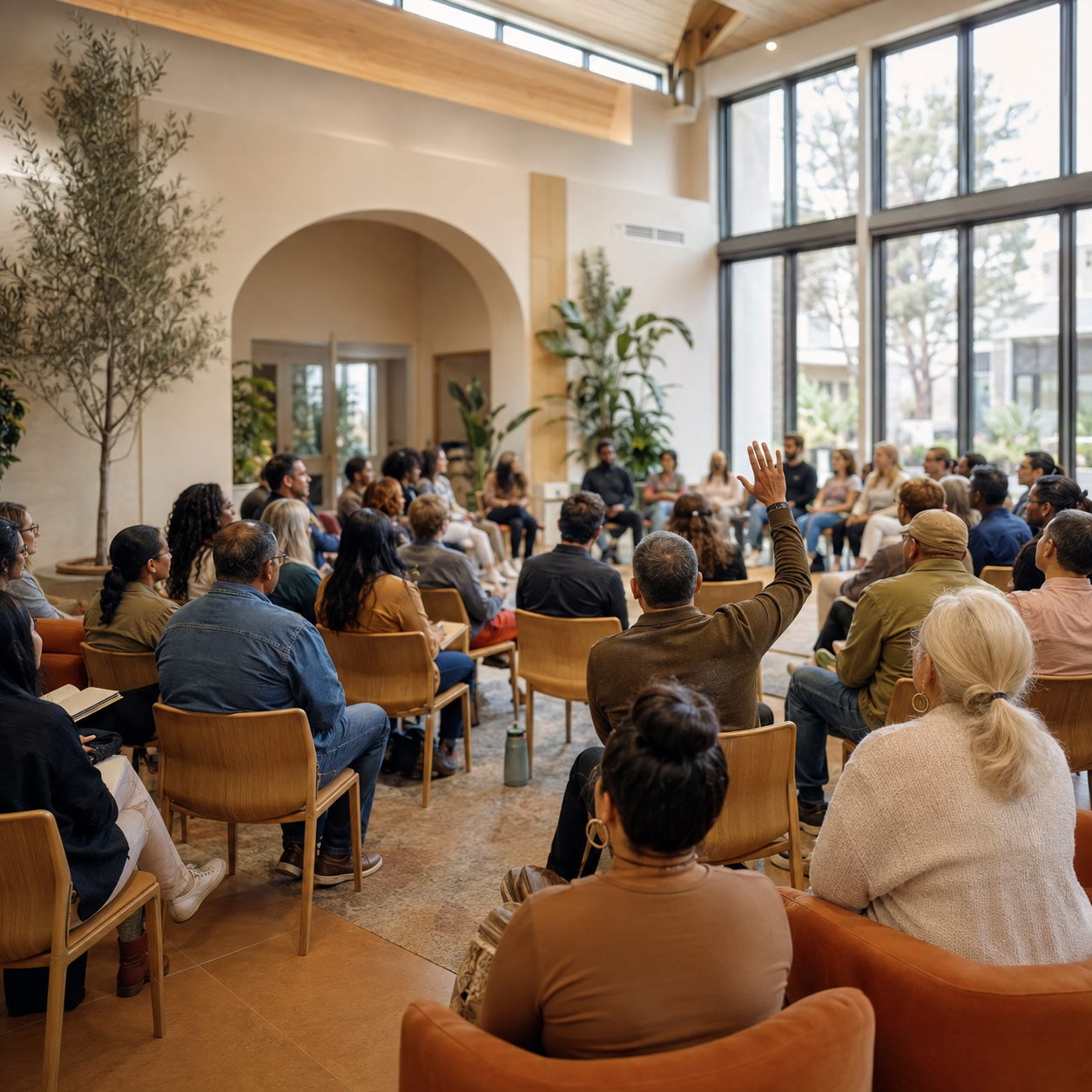 A diverse group of people attending a community meeting in a spacious, well-lit room with large windows, some members raising hands to speak.