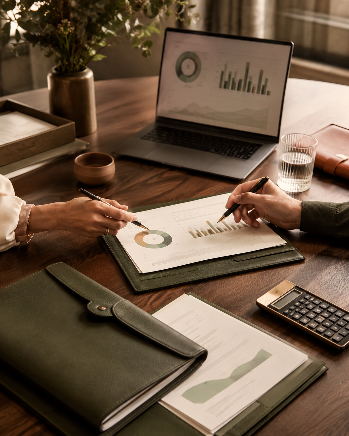 Two people reviewing business charts and graphs on a desk with a laptop, notebooks, a calculator, a glass of water, and decorative items.