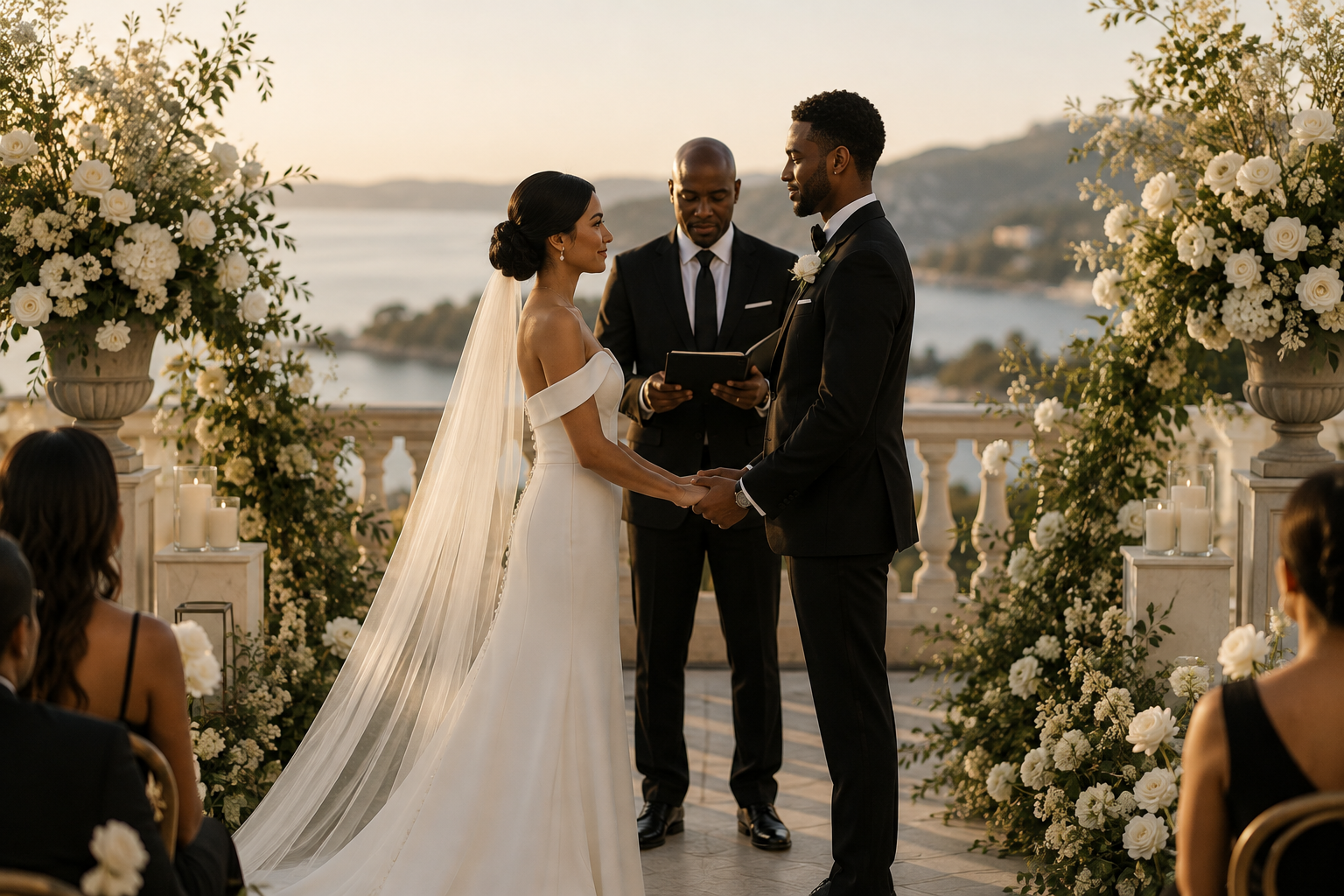 A bride and groom holding hands during their wedding ceremony on a balcony with a lake and hills in the background, surrounded by floral decorations and candles.