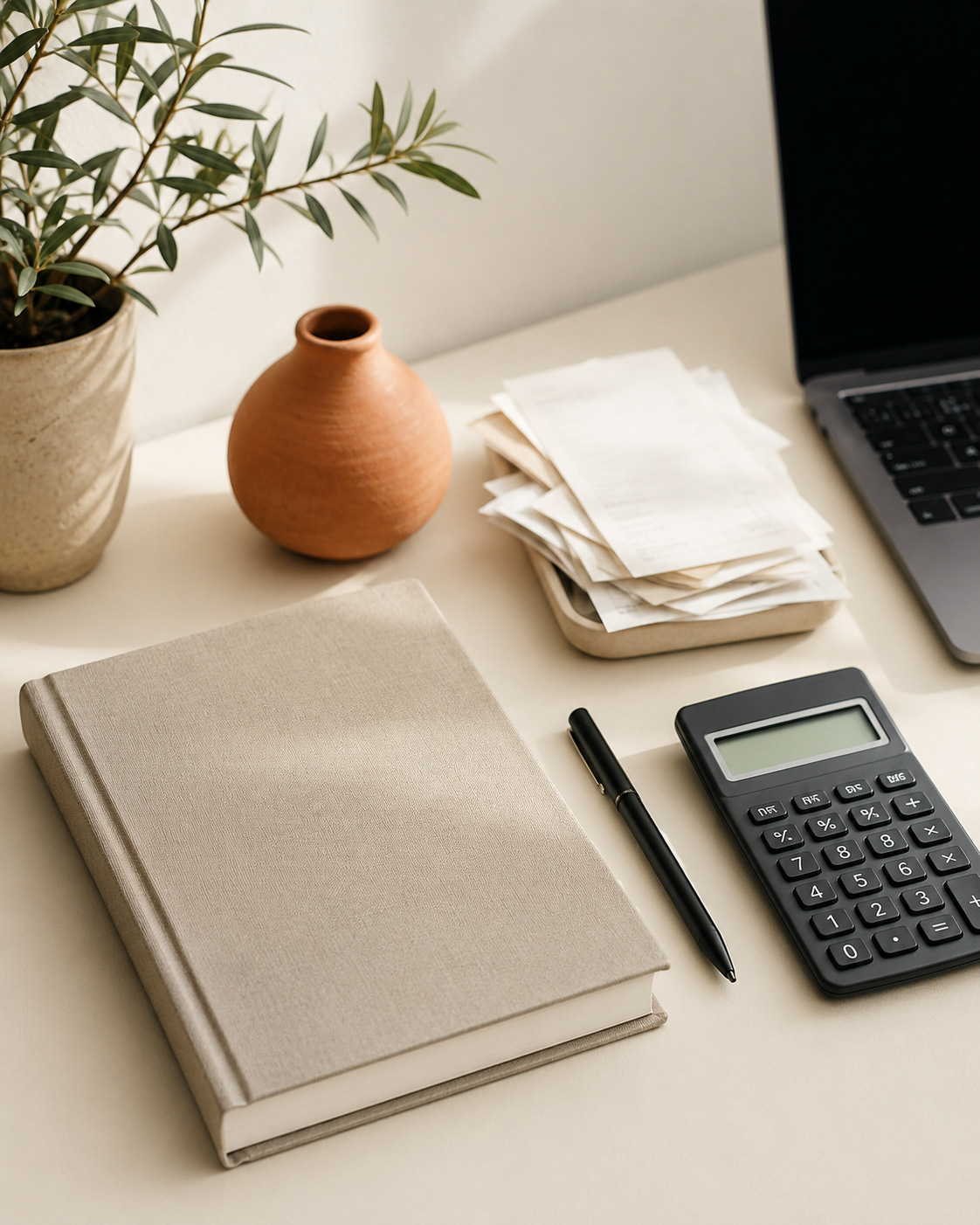 A neatly organized workspace with a closed beige book, a black pen, a calculator, a laptop, a pile of papers in a tray, a small terracotta vase, a potted plant, and a beige container on a cream-colored desk.