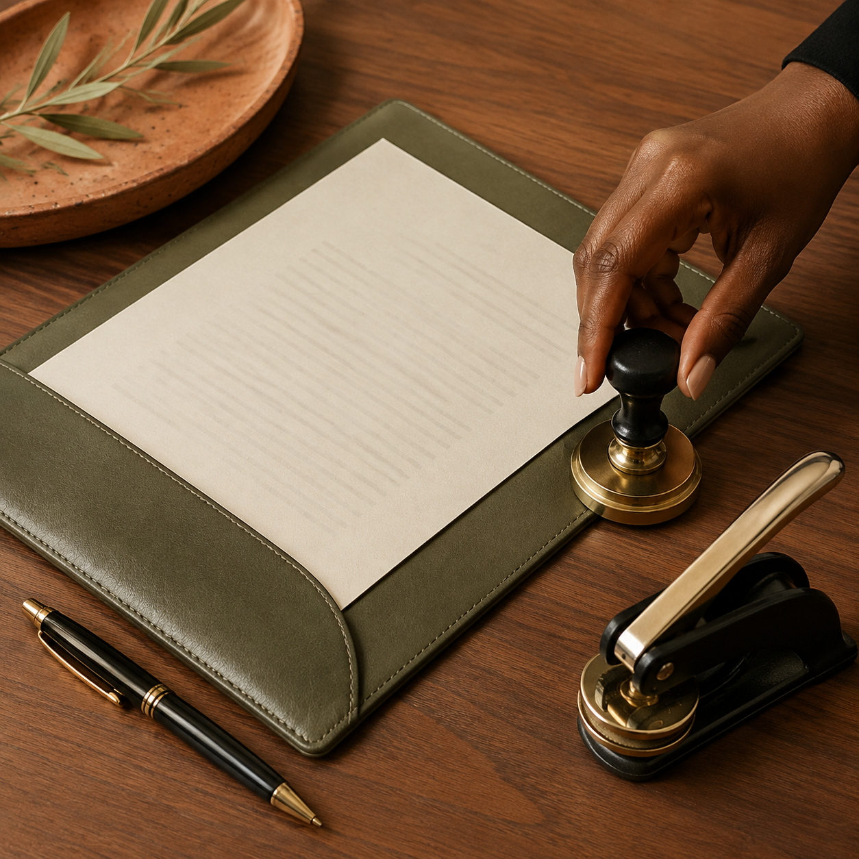 A person is stamping a document on a wooden desk, with a black and gold pen nearby, and a decorative plate with green leaves in the background.