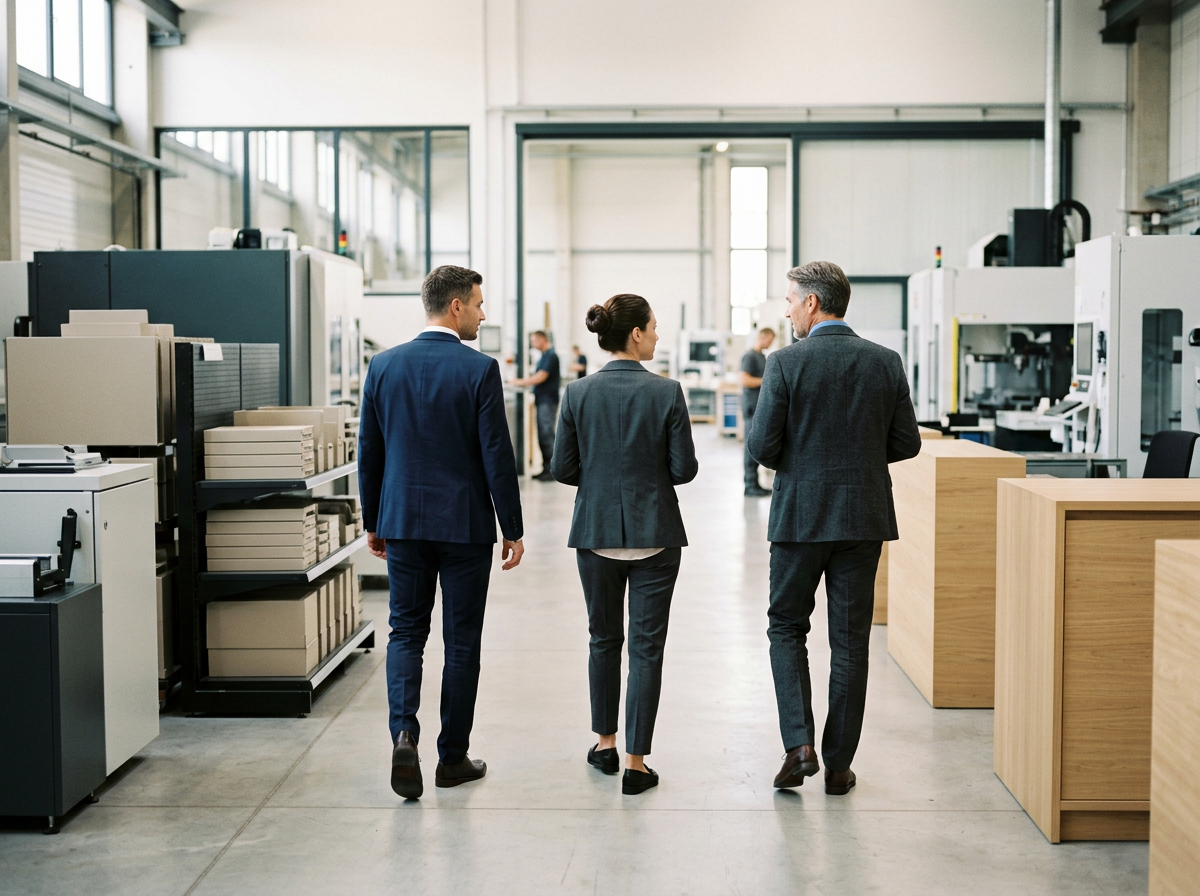 Three business professionals, two men and one woman, walking and talking in an industrial or manufacturing facility, with machinery and equipment visible in the background.