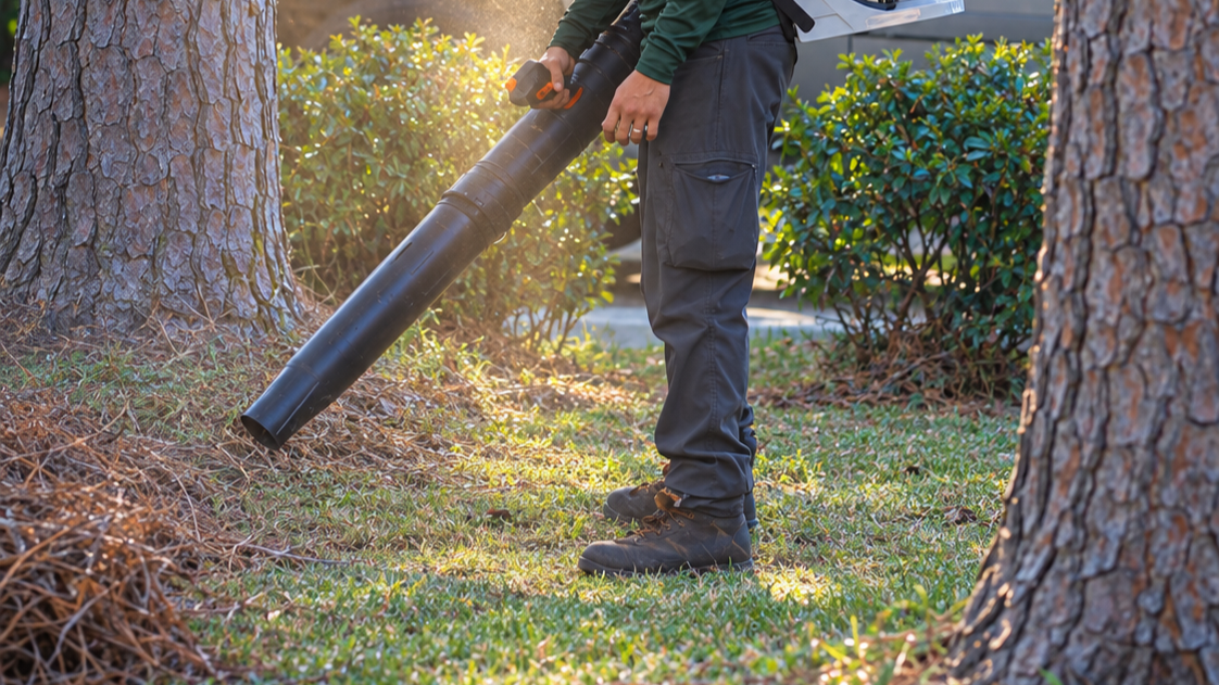 Leaf blowing the pine straw