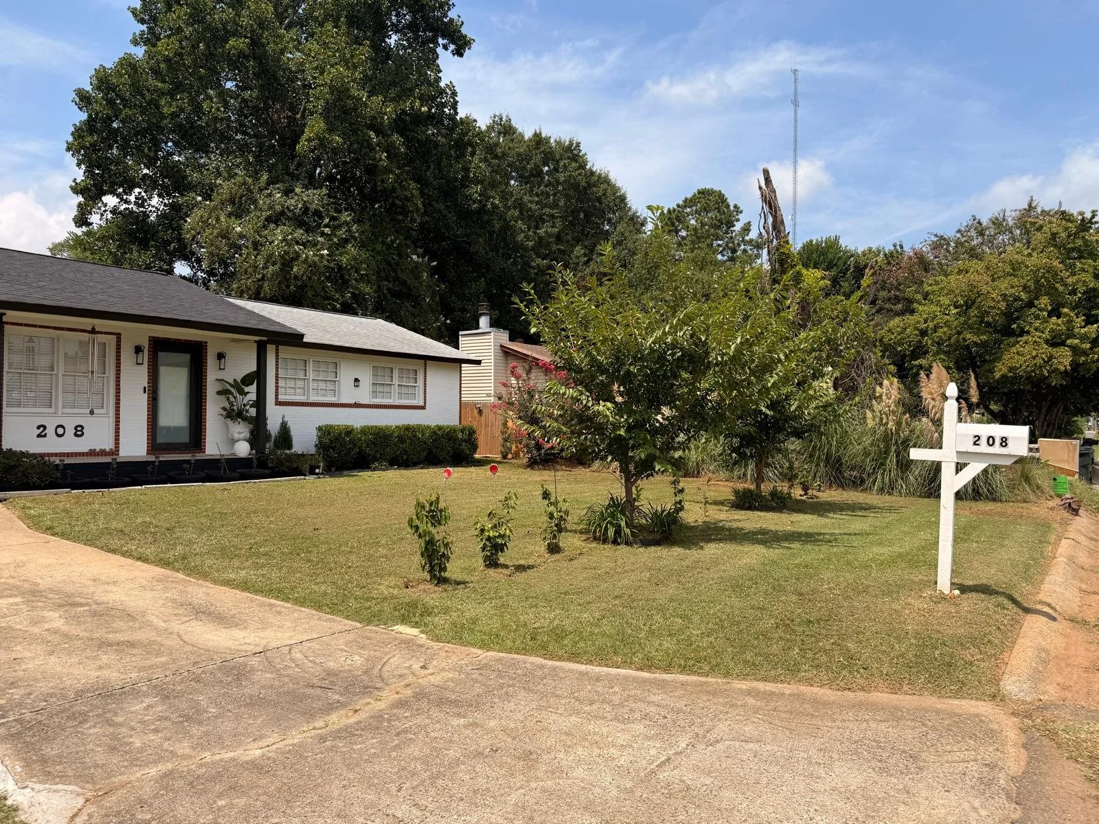 Clean front yard with plants and trees
