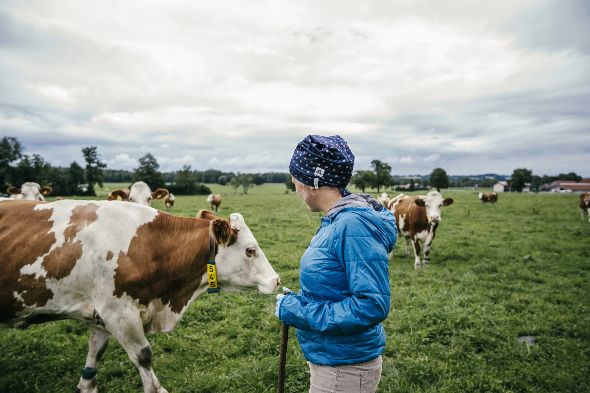 Bäuerin Julia Hofer steht auf einer grünen Wiese und streichelt eine Kuh. Im Hintergrund sind weitere Kühe und die ländliche Landschaft des Chiemgau zu sehen.