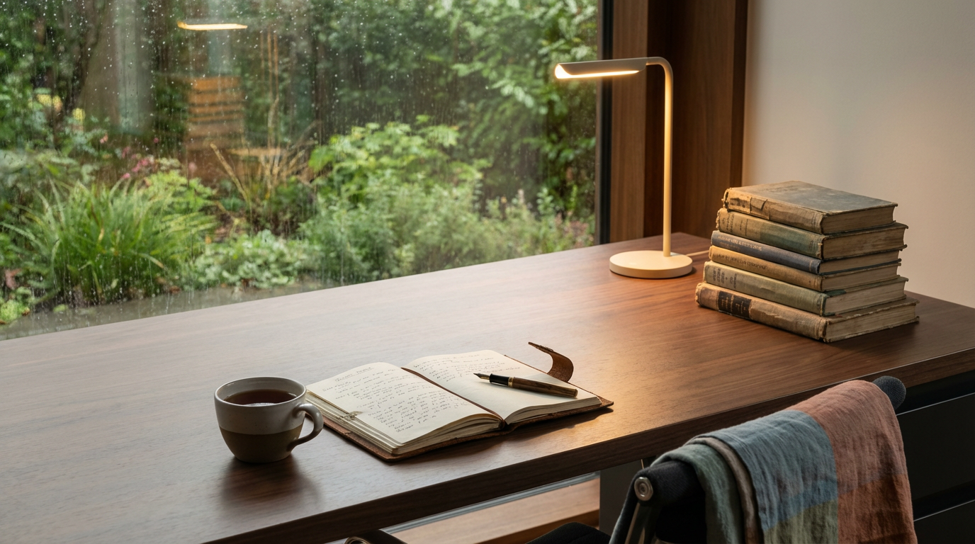 A wooden desk by a window with outdoor greenery, a white desk lamp, a stack of old books, an open journal with a pen, a coffee mug, and a colorful cloth draped over a chair.