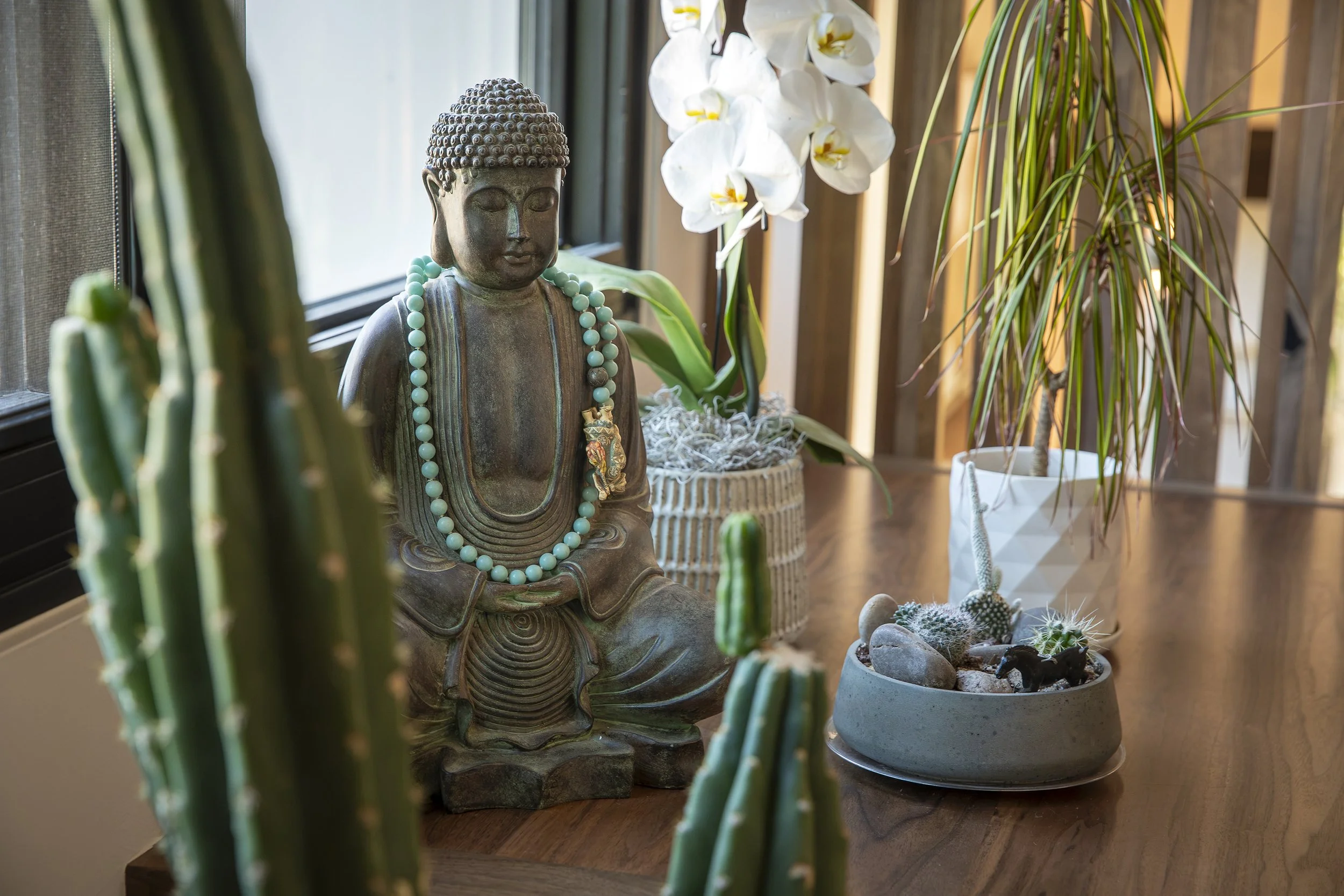 A bronze Buddha statue wearing a turquoise beaded necklace, surrounded by potted plants including cacti and orchids, situated near a window with natural light.