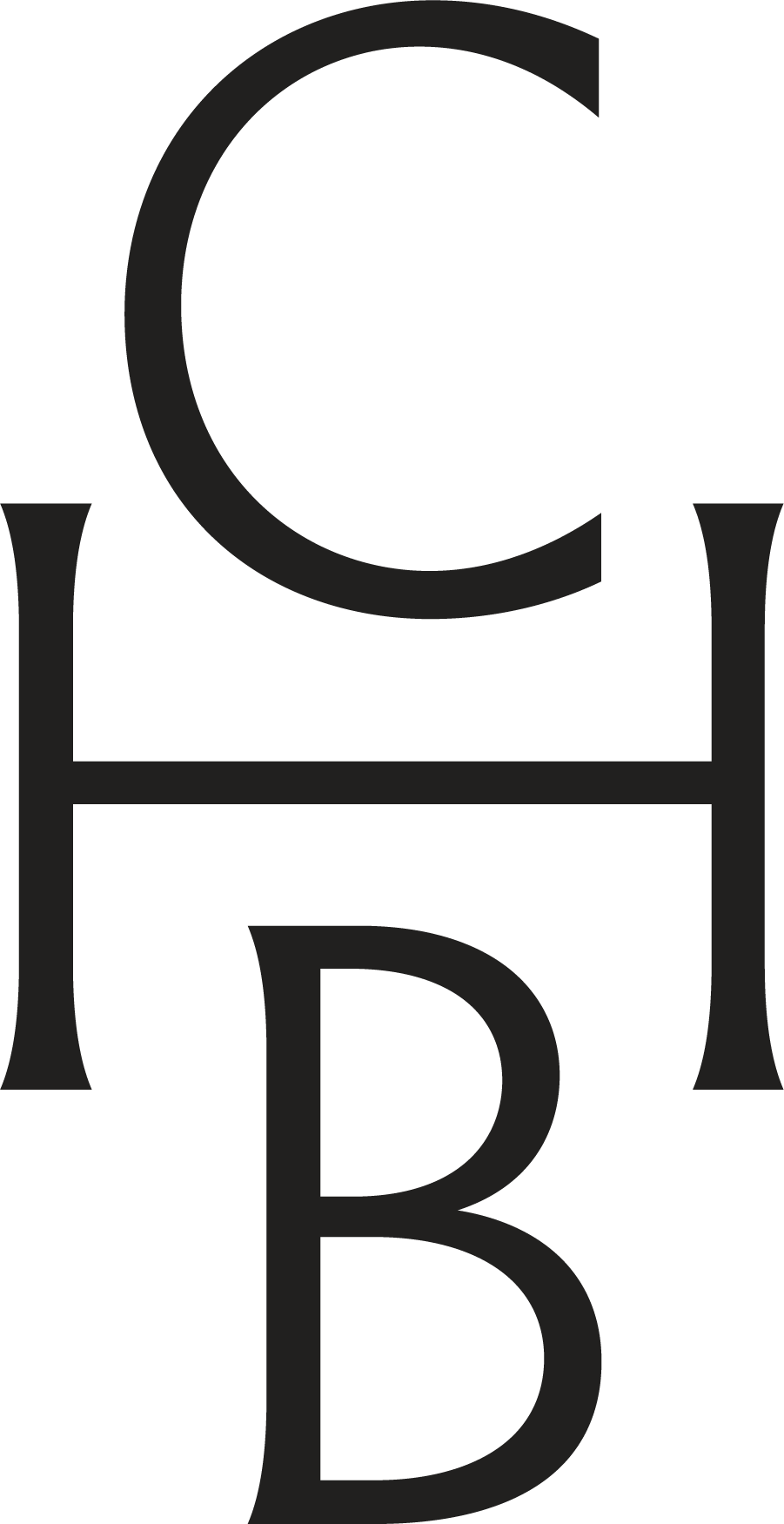 The image features a large, stylized black letter 'C' overlaid on a large 'B', with a mirror effect of the letters below, creating a symmetrical design.