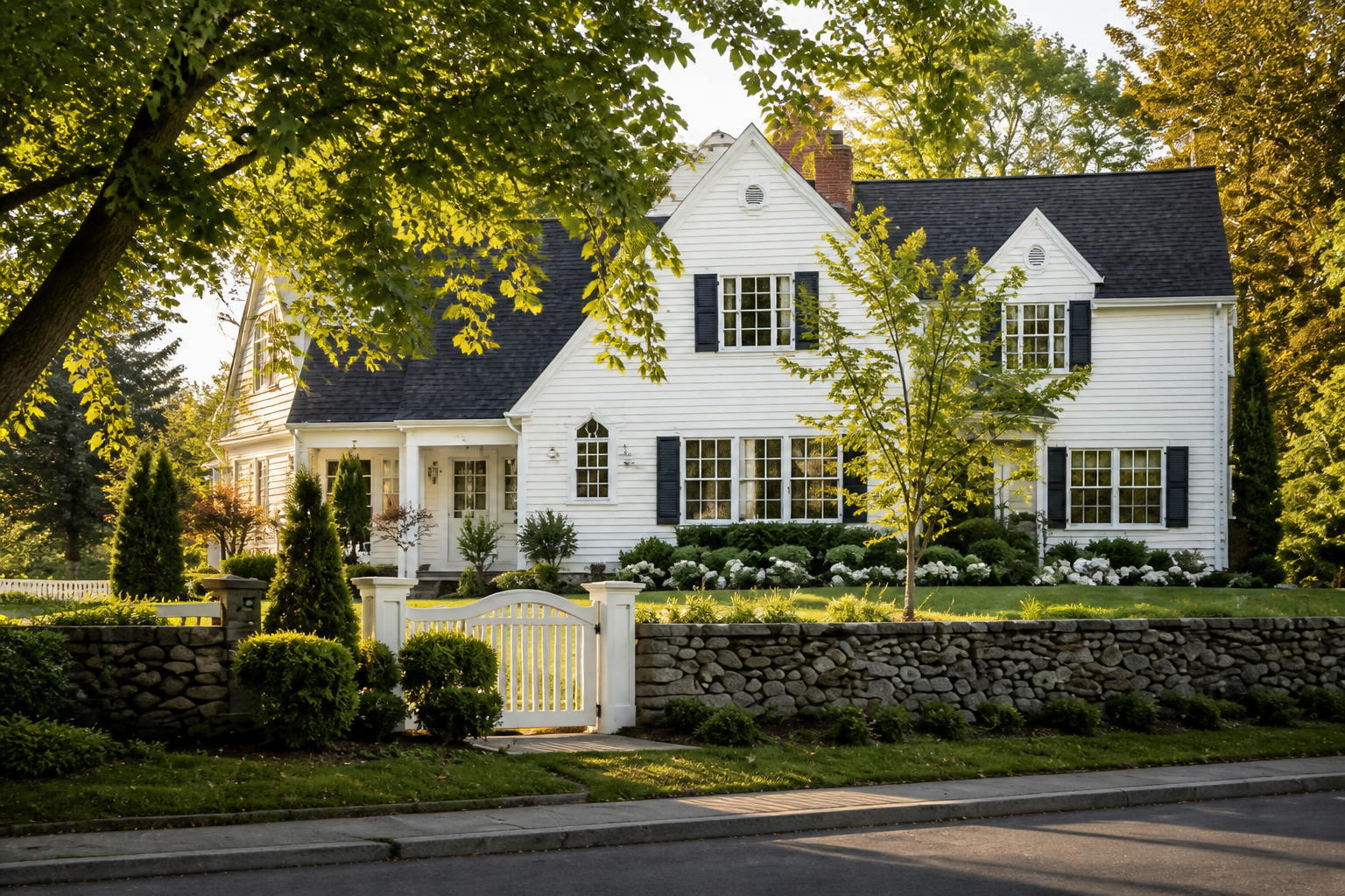 A white two-story house with black shutters, surrounded by green trees and a stone wall with a white gate, in a suburban neighborhood.