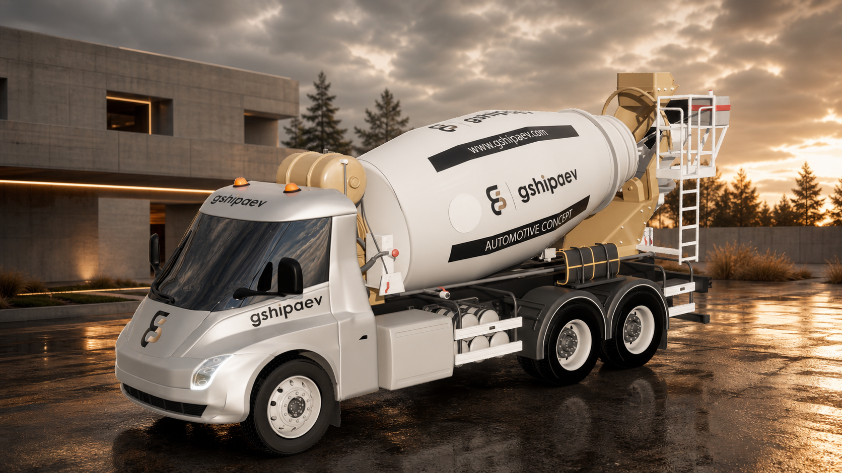 Concrete mixer truck in the style of a Tesla Semi with branded logos.