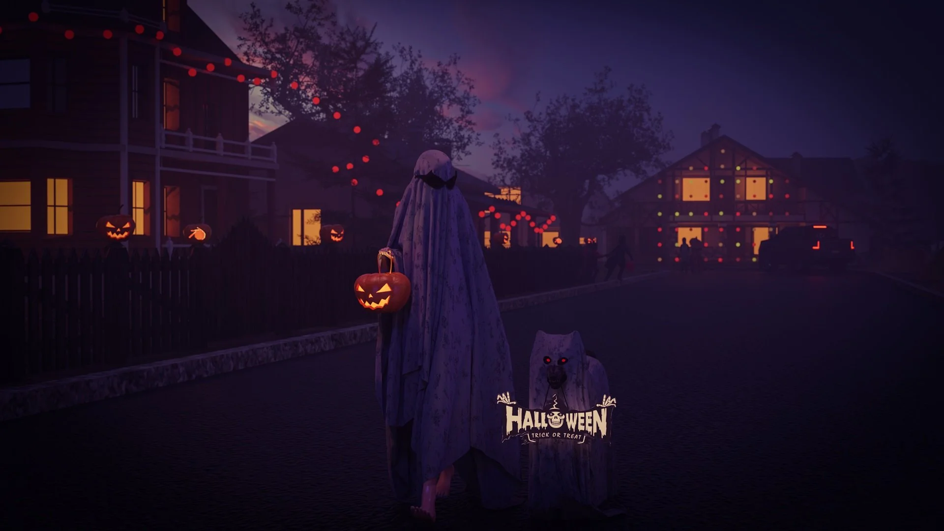 Halloween 3D scene with a ghost character holding a carved pumpkin lantern.