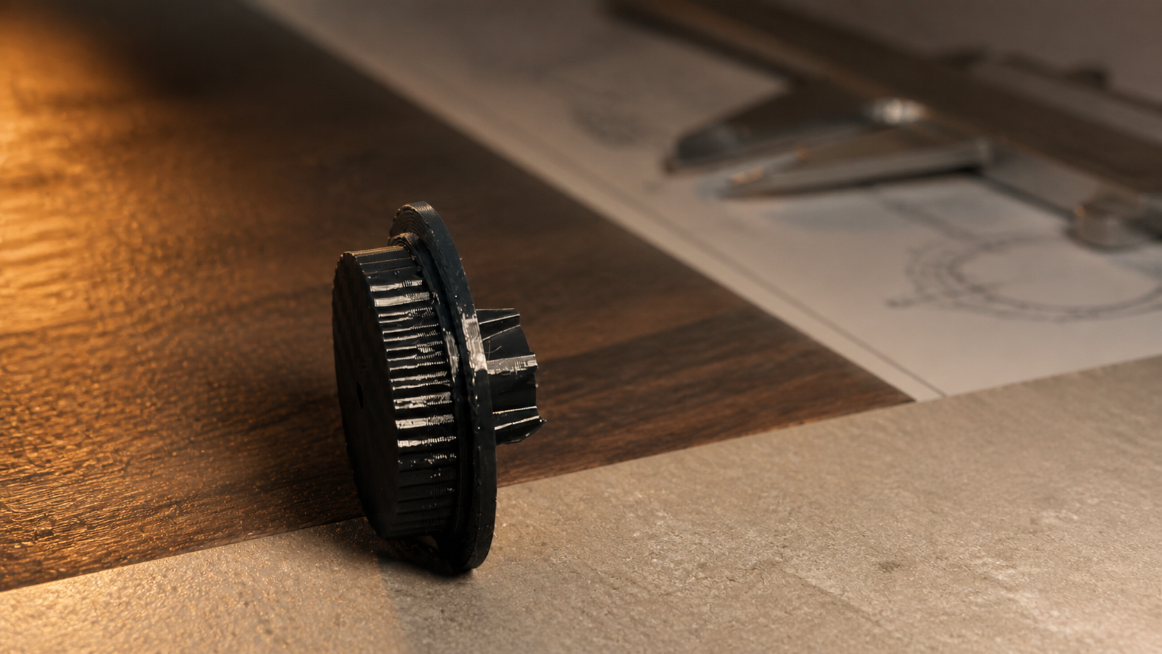 Black 3D-printed gear wheel on a wooden surface.