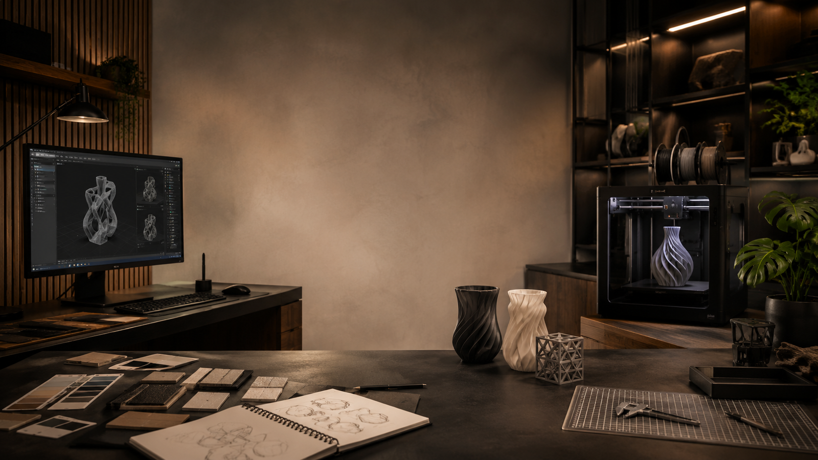 Designer creating 3D models in a studio with 3D printers and prototypes.