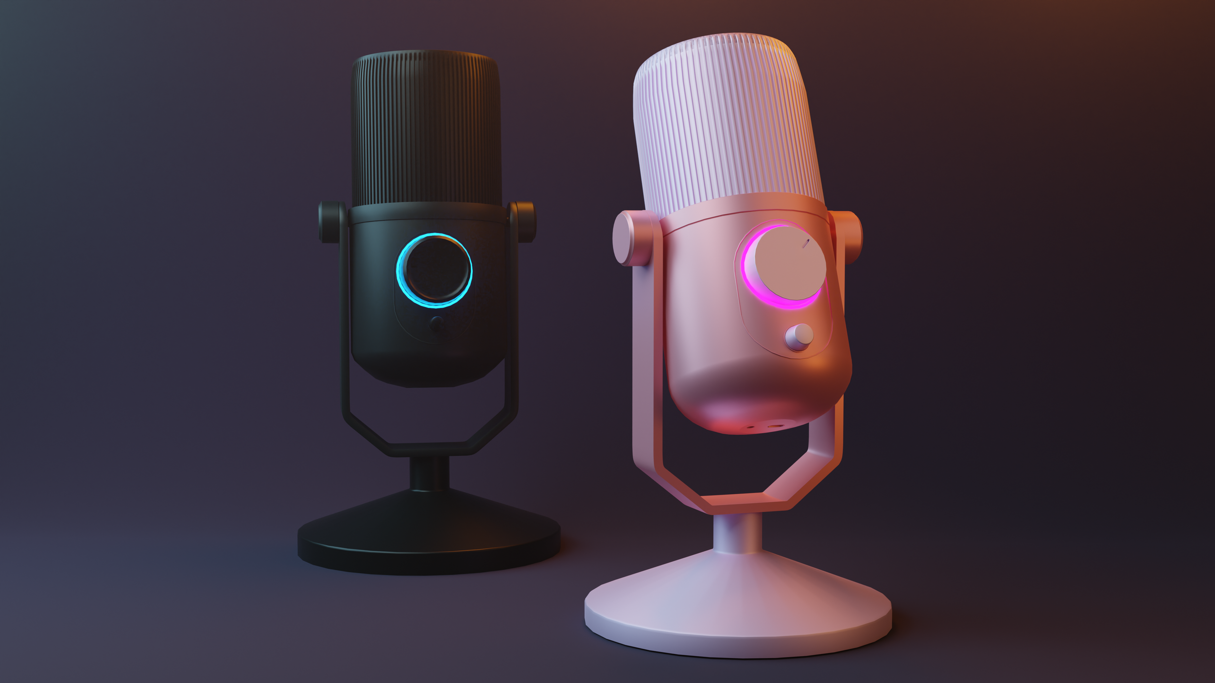 Two modeled microphones in different colors in a studio scene.