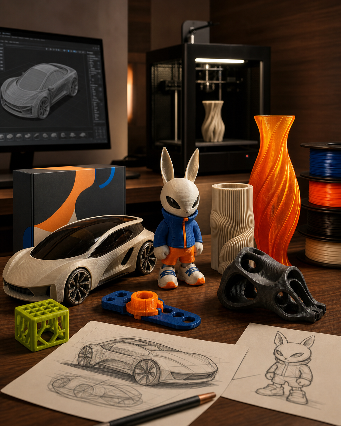 3D printing workspace with printed models, sketches, filament and decorative objects.