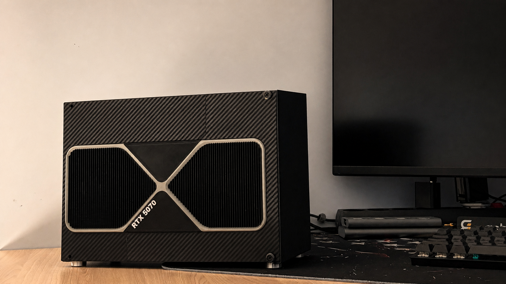 Computer cover with a grille inspired by an NVIDIA graphics card.