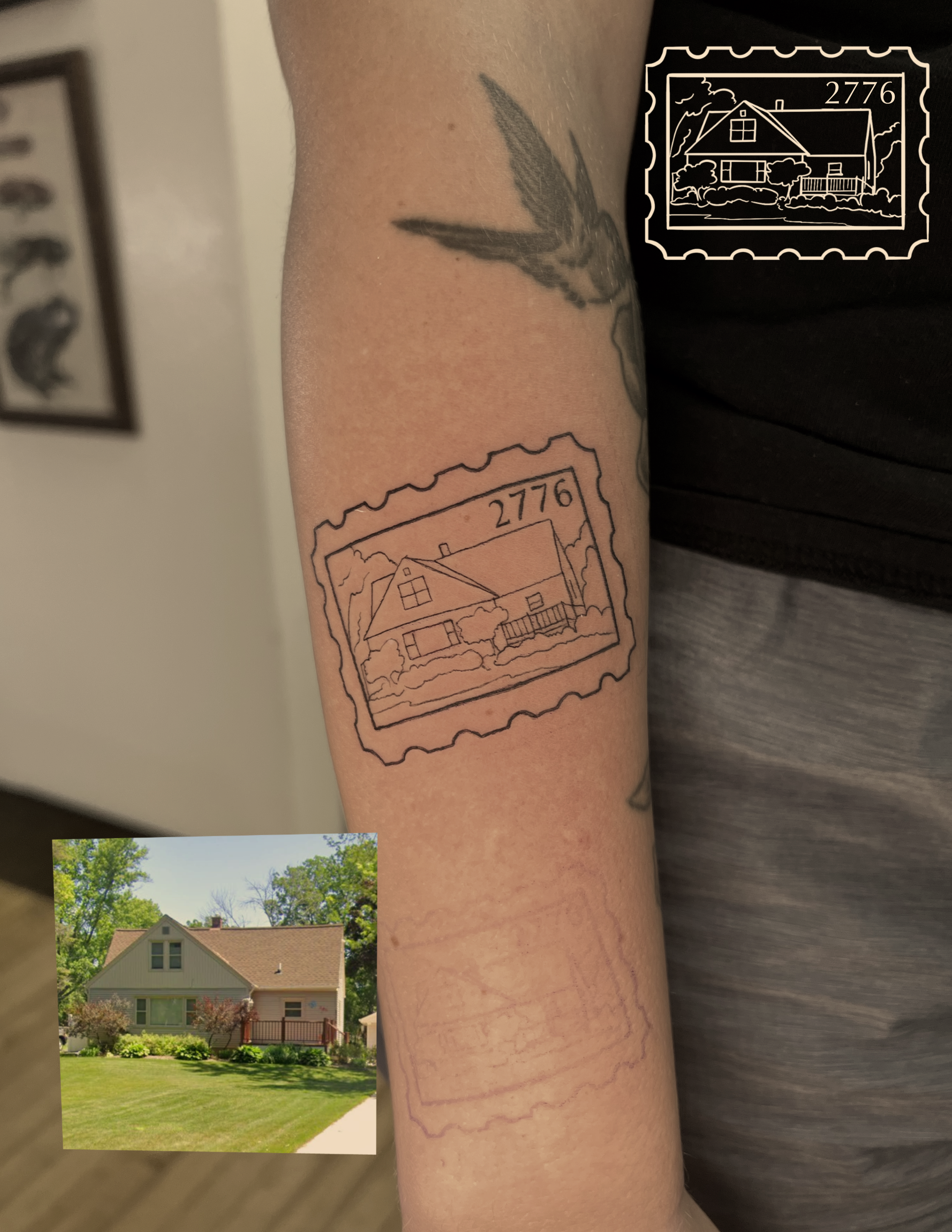 A tattoo of a house on a person’s upper arm with a stamp-like border and the number 2776.