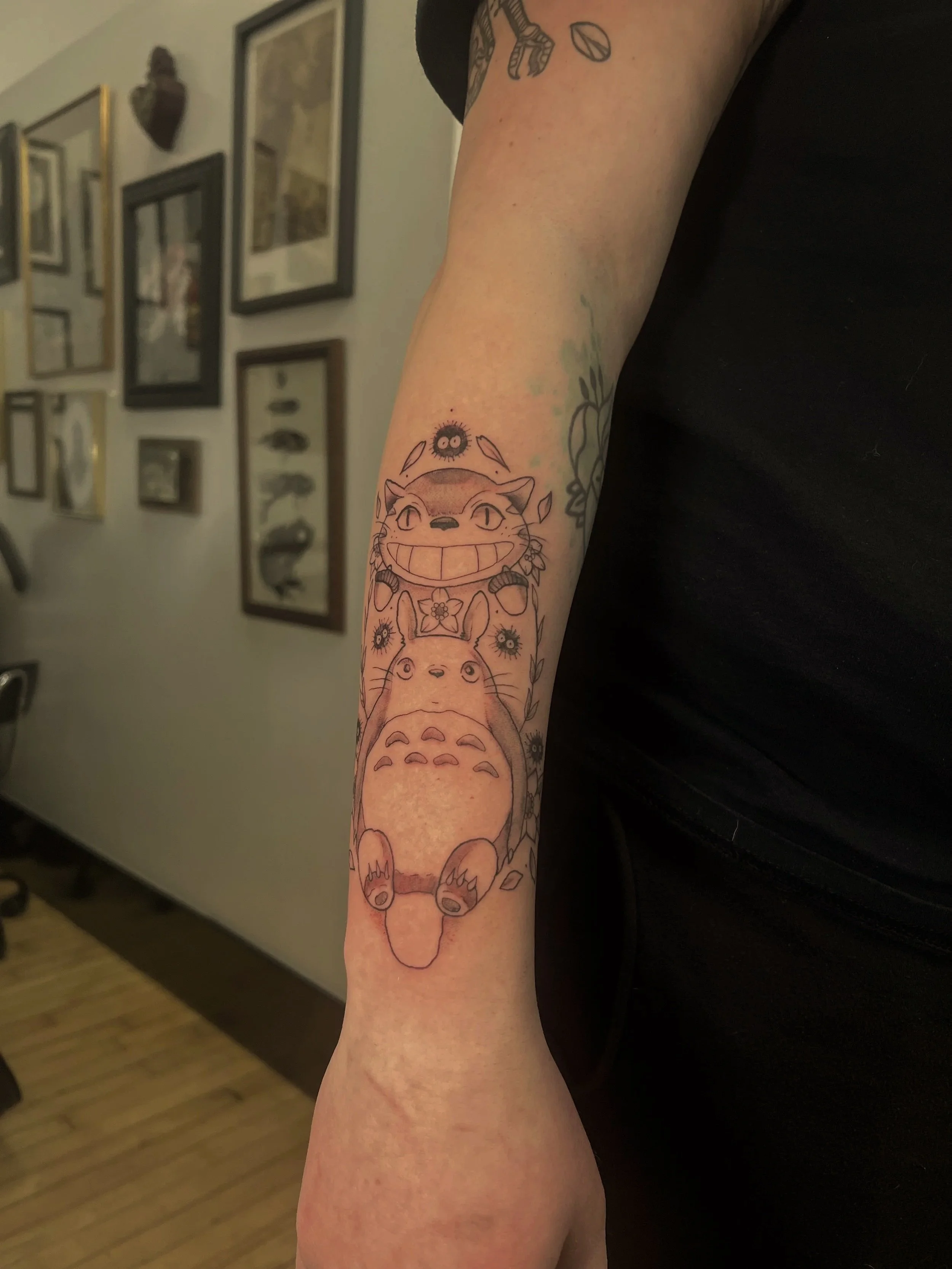 A person's forearm with multiple tattoos, including characters from the movie 'My Neighbor Totoro' and 'Alice in Wonderland,' and other smaller designs, against a background of a wall with framed pictures.