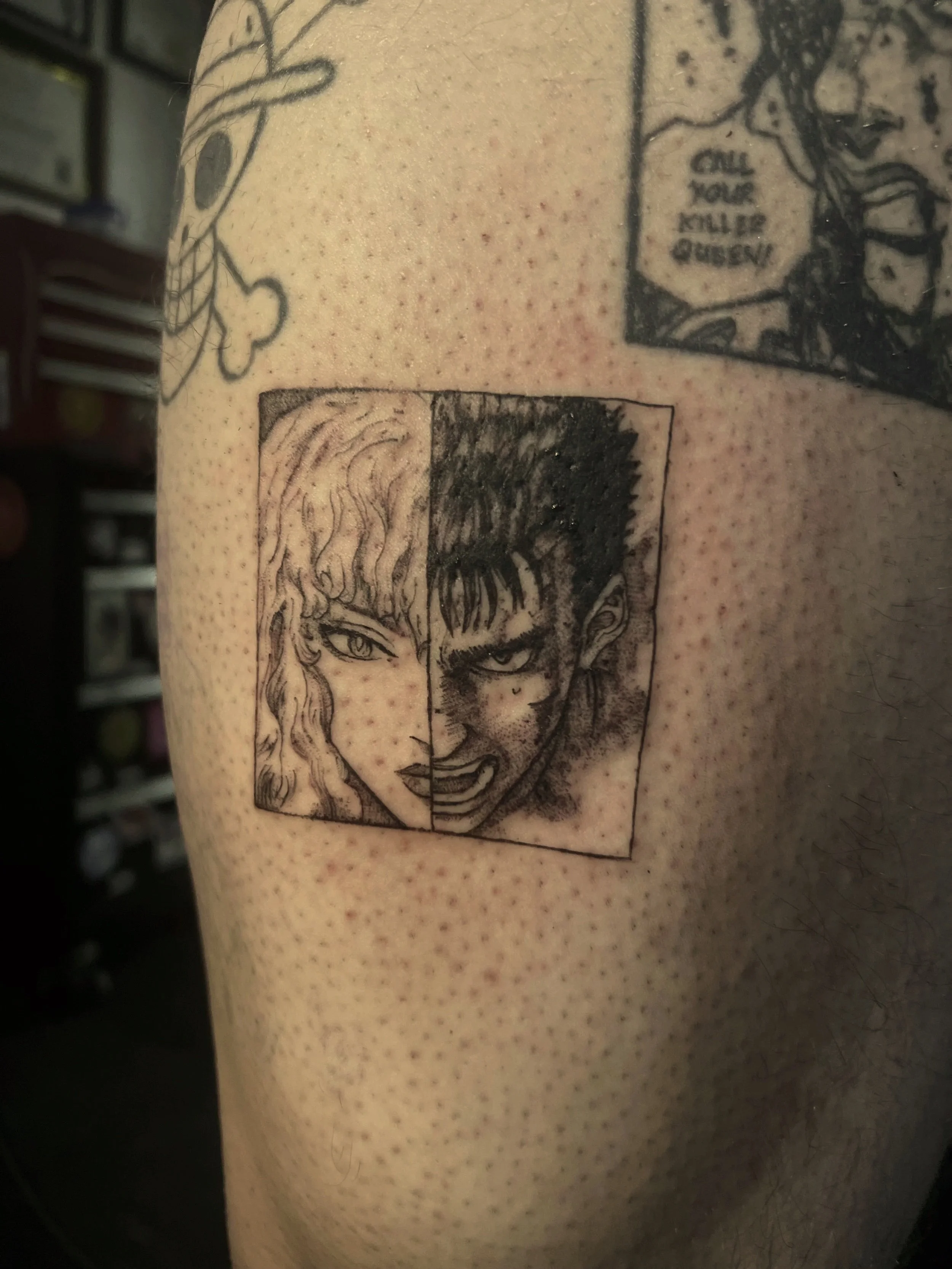 Tattoo of a anime panel of Berserk with Guts and Griffith