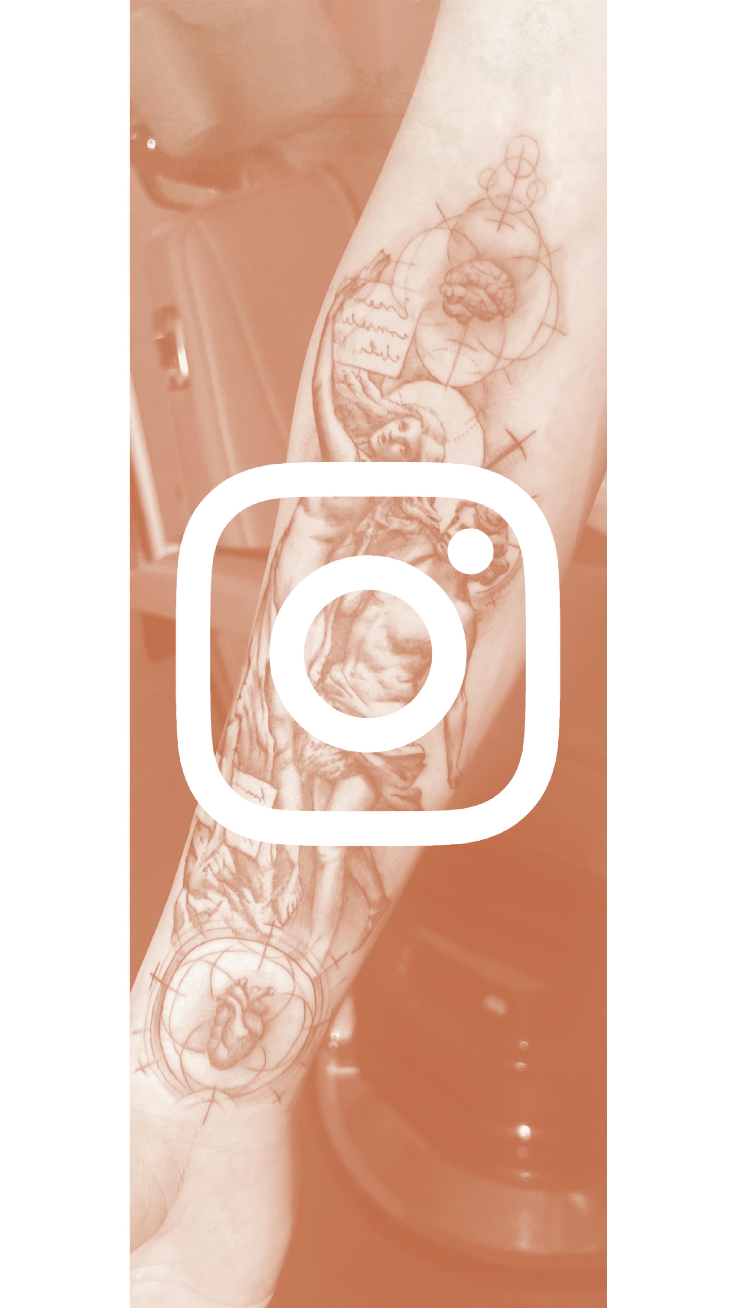 A tattooed arm with anatomical and geometric designs, including a heart, a brain, and various lines and circles, with a white Instagram logo overlay.