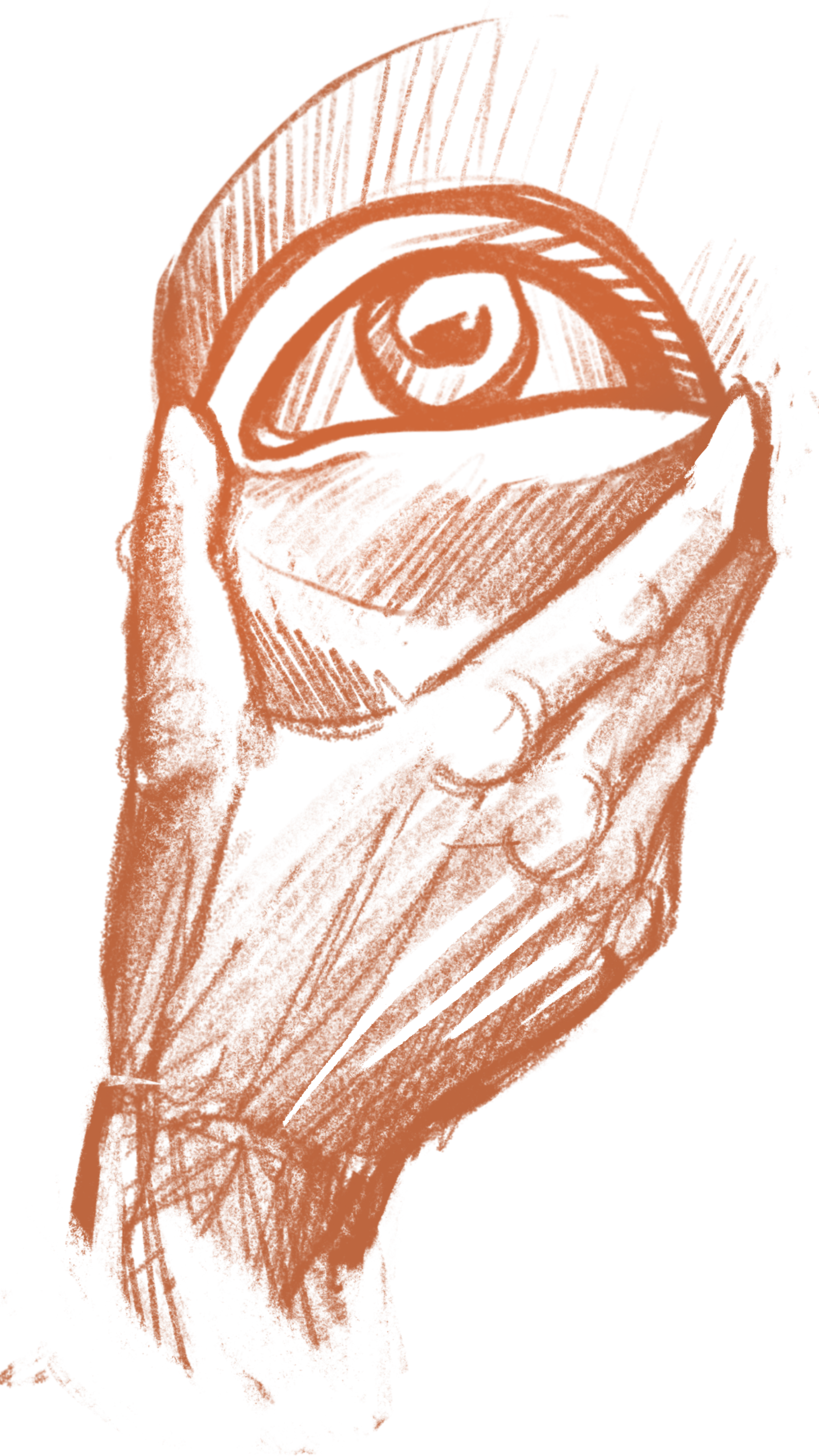 Sketch of a hand holding an eye-shaped object.