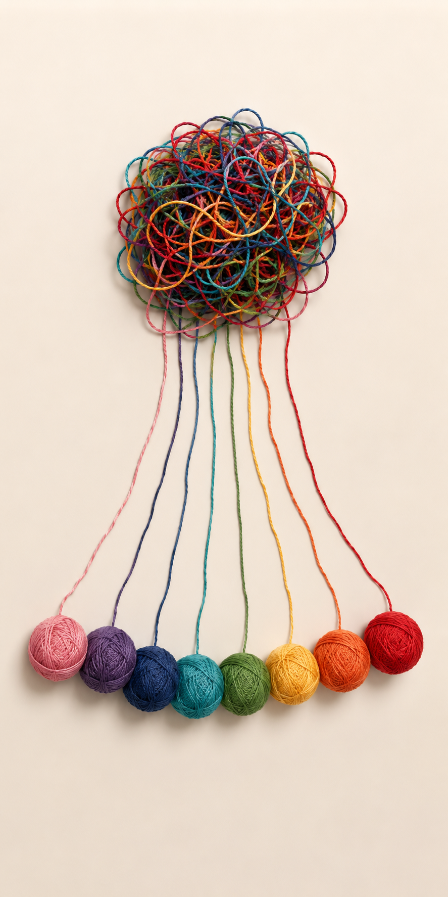 Colorful tangled yarn ball with strands extending downward, connected to smaller yarn balls in various colors arranged in a line.