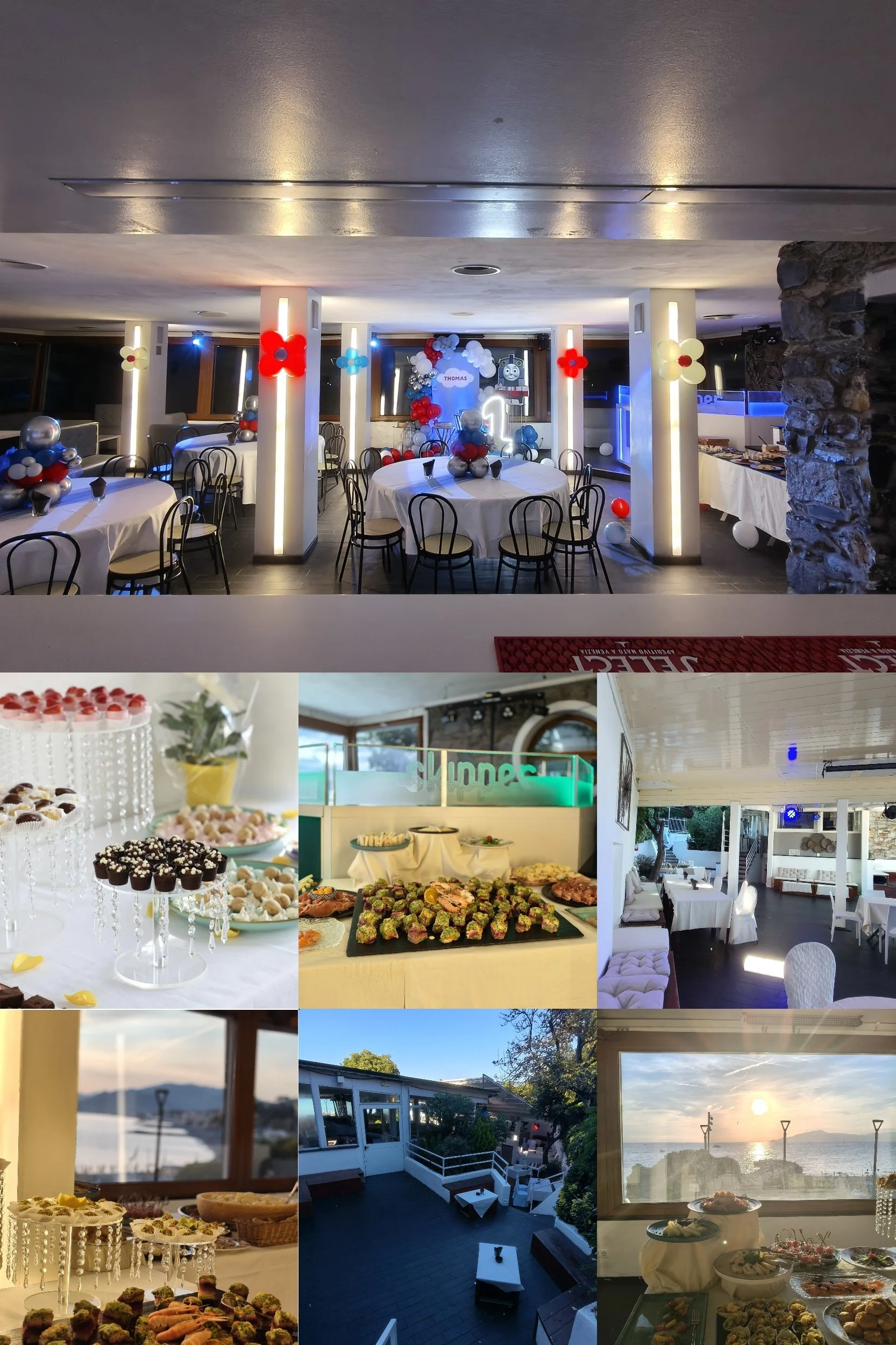 Collage di una sala per feste decorata con palloncini per il primo compleanno di Thomas, tavoli imbanditi con buffet e dolci, ambienti eleganti del ristorante e vista sul mare al tramonto.