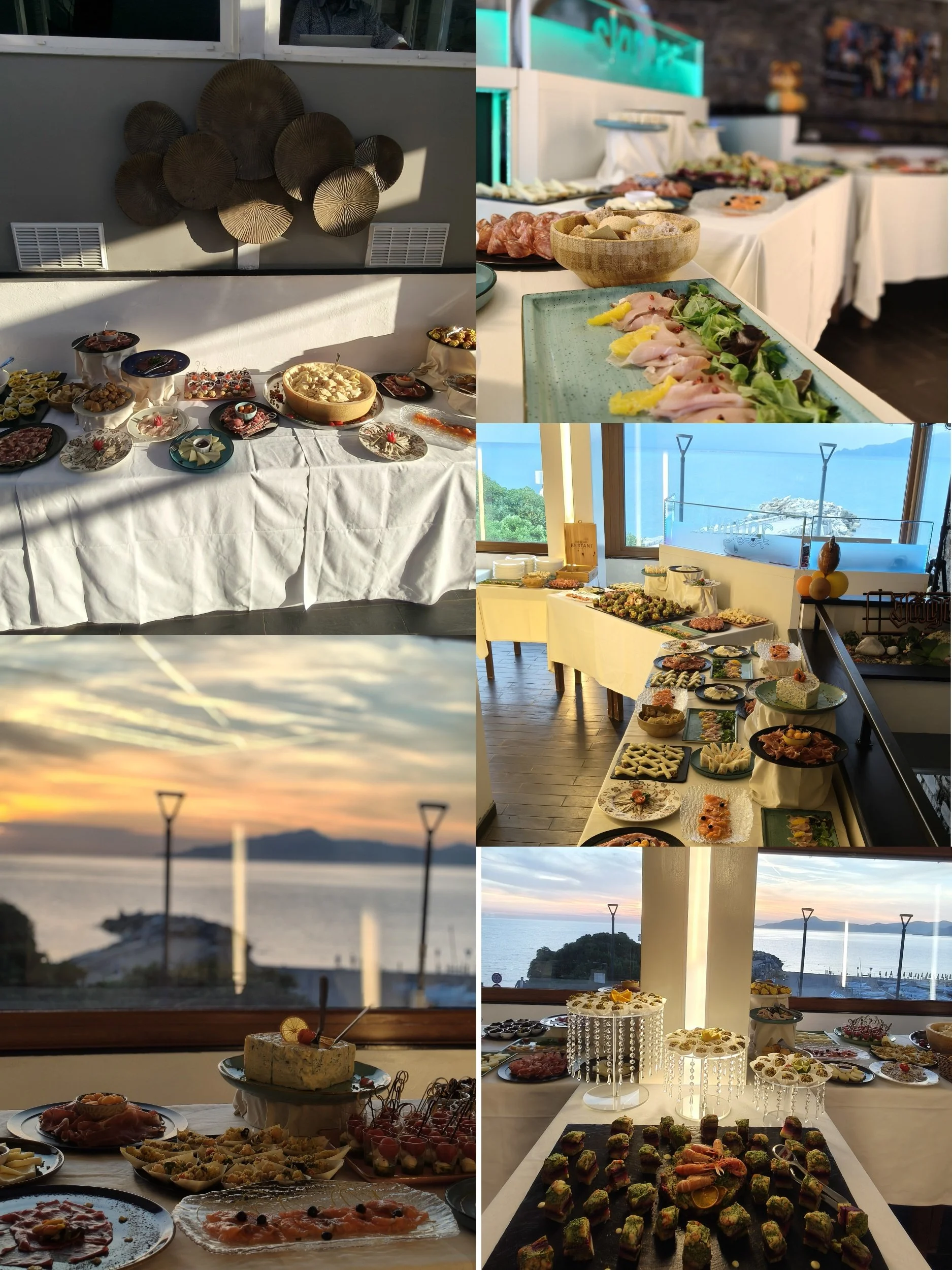 Collage fotografico di un ricco buffet con sushi, salumi, formaggi e dessert, allestito in una sala panoramica affacciata sul mare al tramonto.
