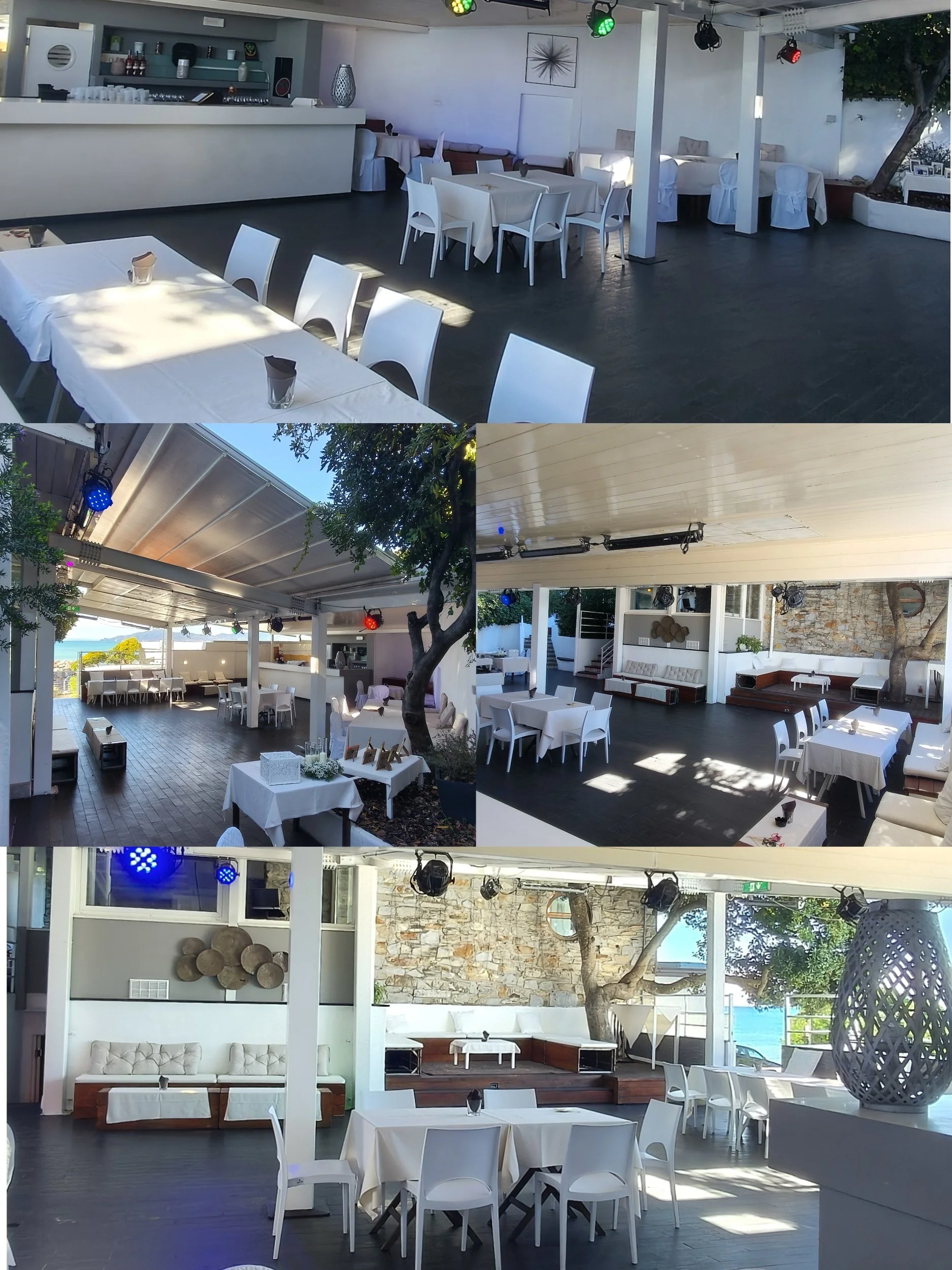 Collage fotografico di un ristorante sul mare con tavoli apparecchiati, sedie bianche, bar, area lounge e illuminazione scenica.