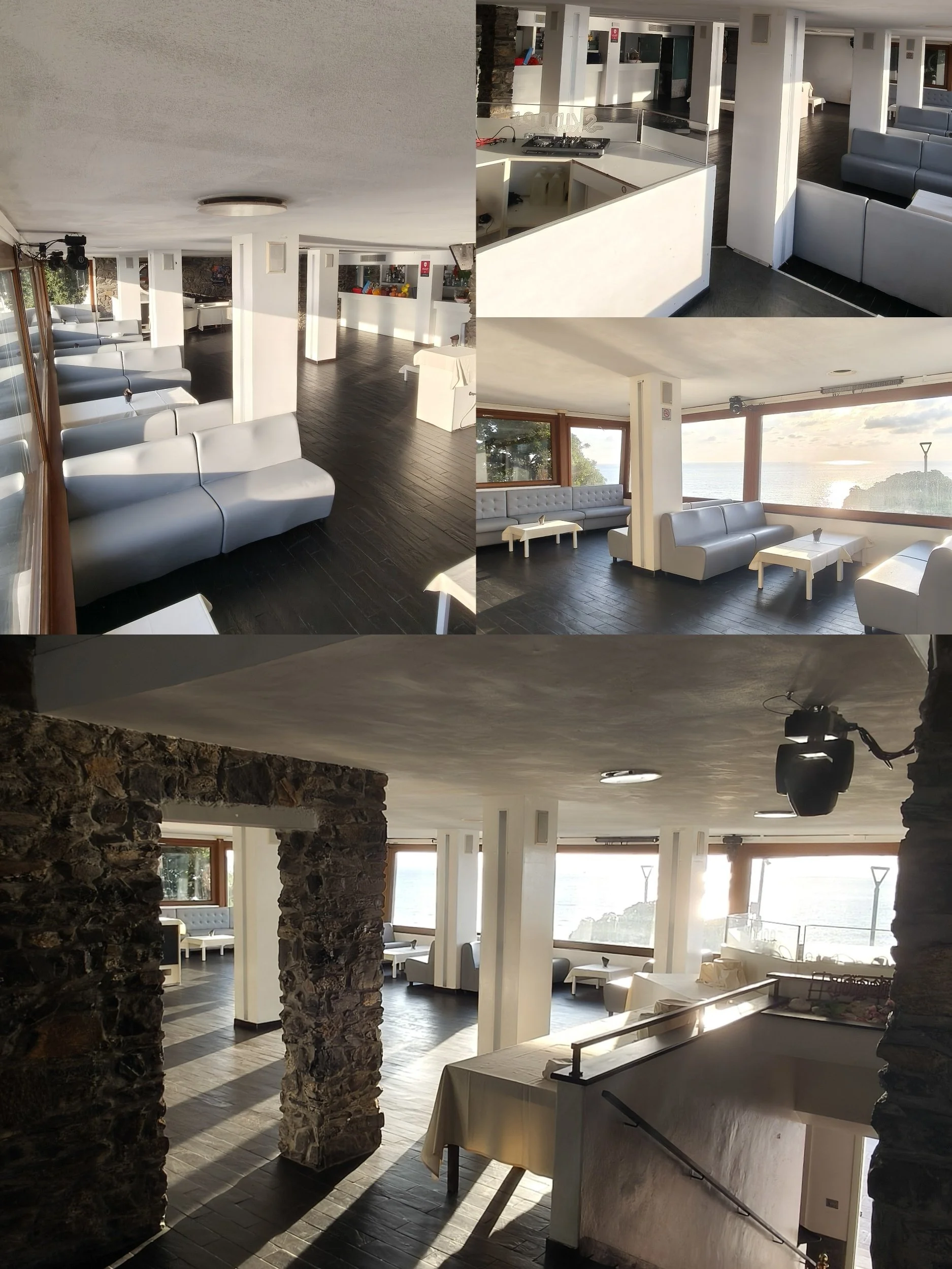 Collage degli interni di un elegante lounge bar sul mare, con divani bianchi, bancone, colonne in pietra e ampie finestre affacciate sull’oceano.