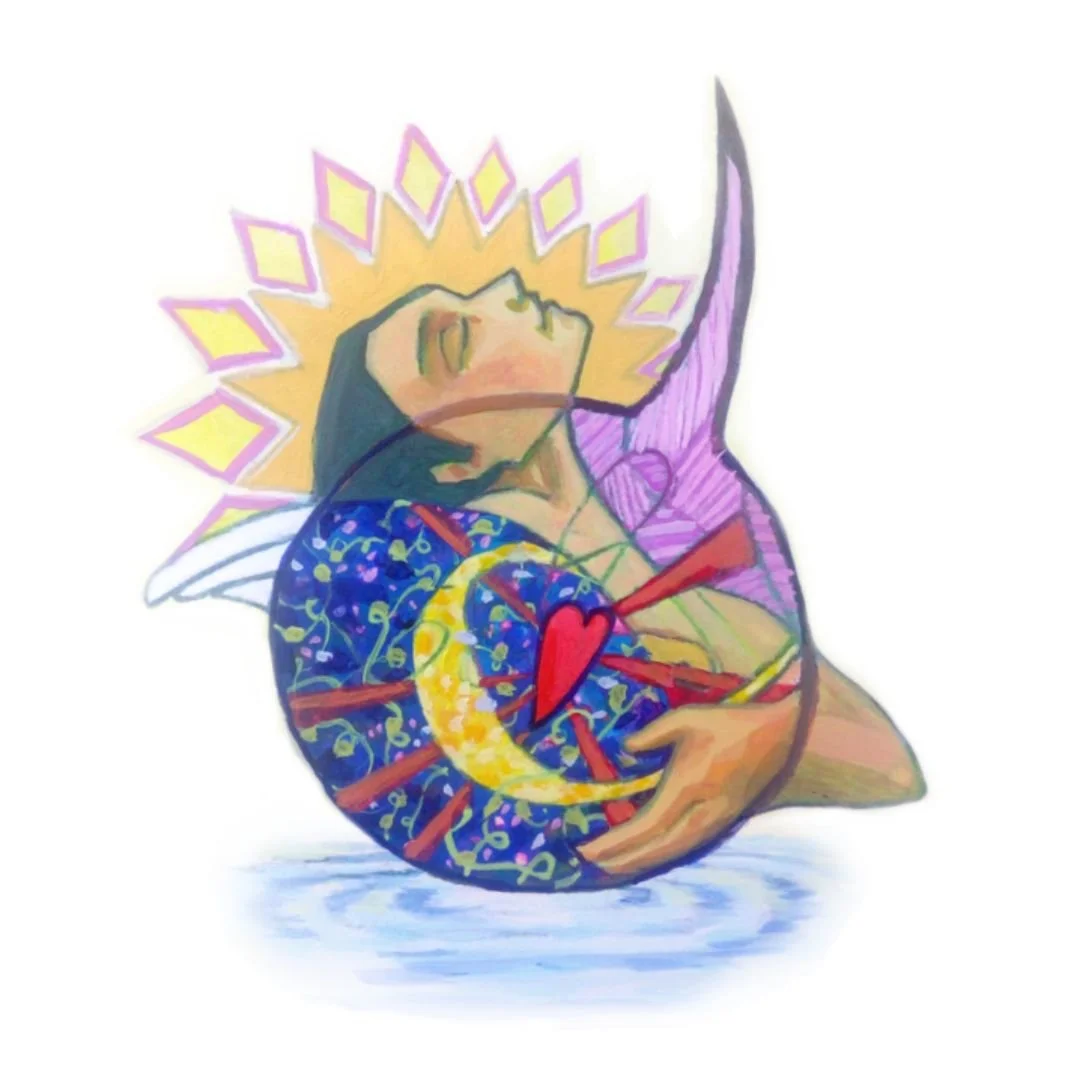 A colorful drawing of a cat with a human face, lying down with eyes closed, and a radiant halo around its head. The body contains vibrant, swirling patterns with a central red heart and yellow crescent moon, complemented by purple wing-like shapes.