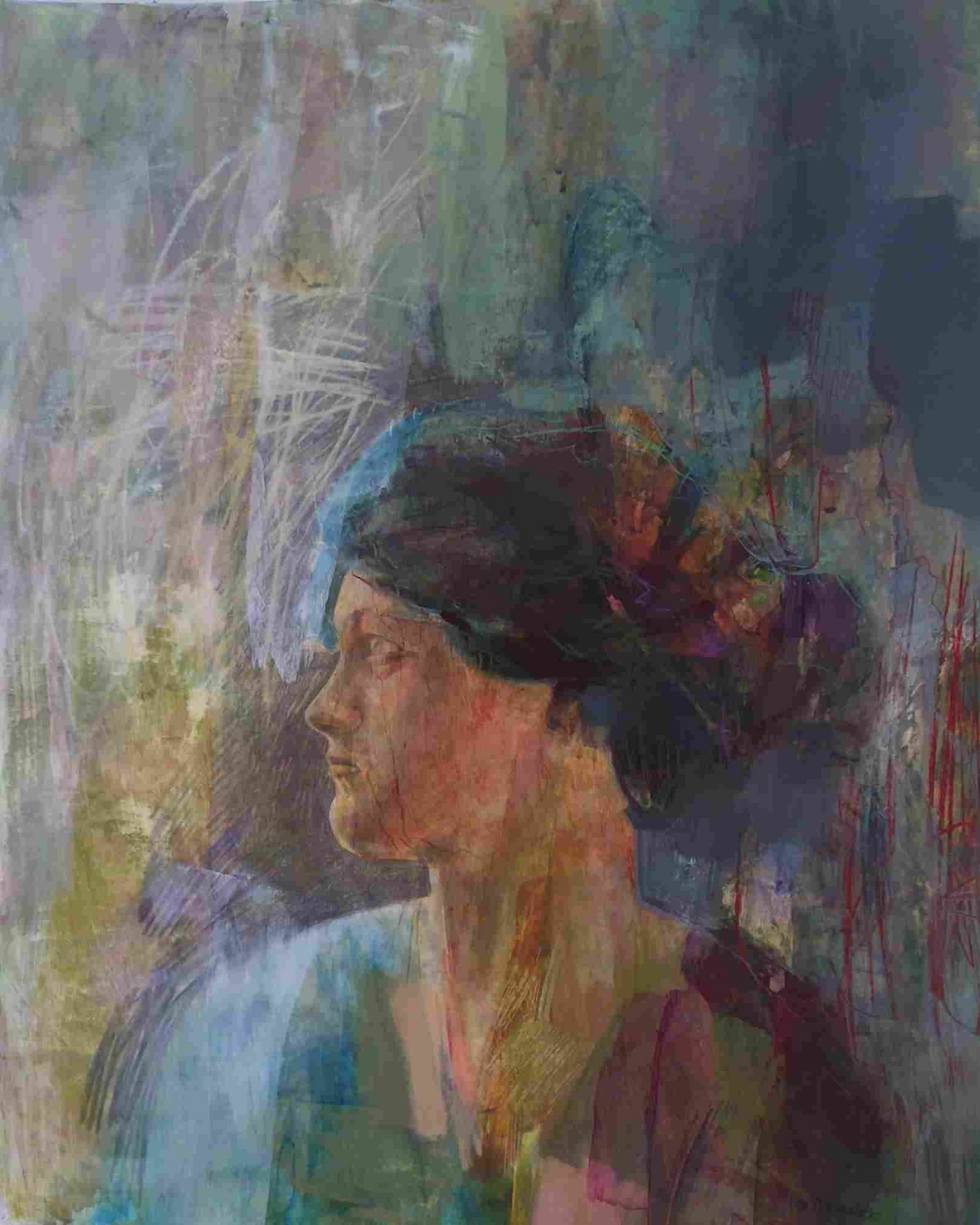 Watercolor portrait of a woman with dark hair in profile view, surrounded by abstract colorful background.
