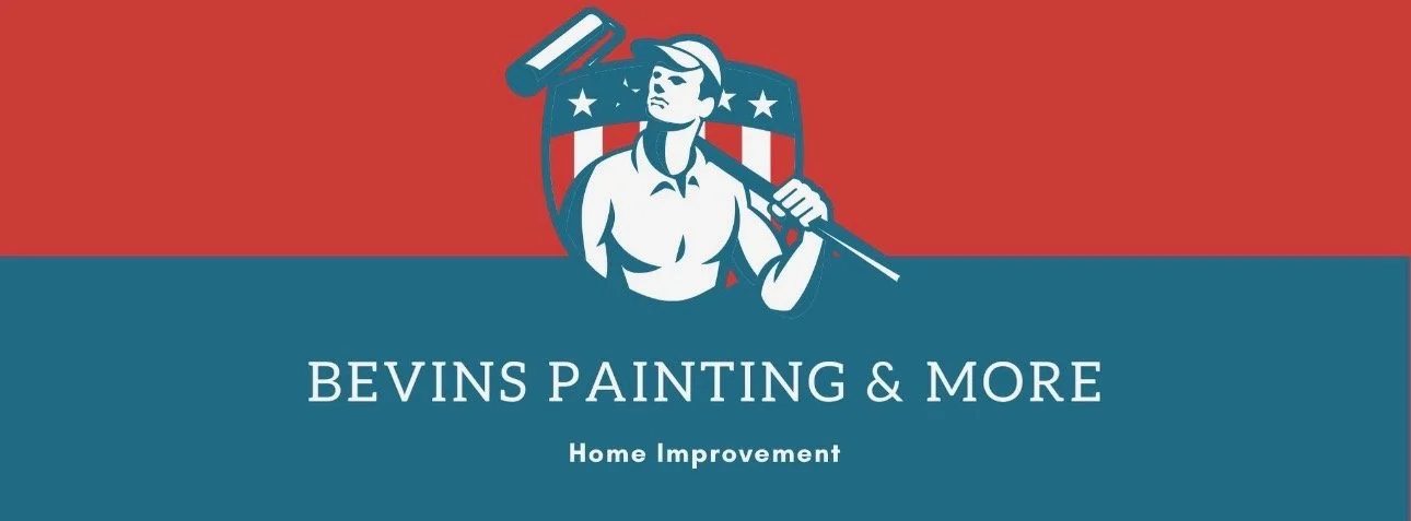 Logo for Bevin's Painting & More featuring a woman holding a paint roller, with an American flag theme in the background, and text 'Home Improvement'.