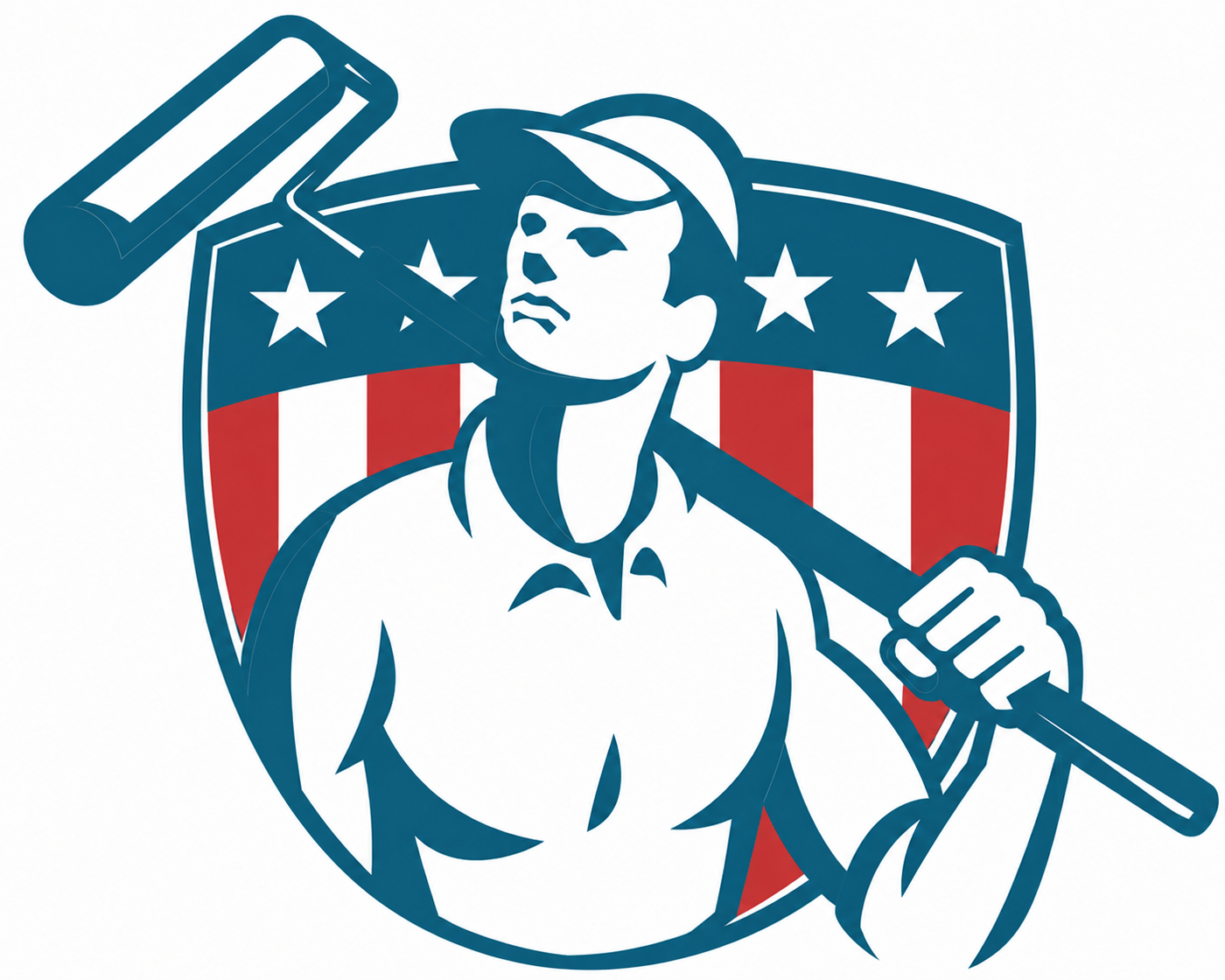 A stylized drawing of a muscular man with a cap, holding a hammer over his shoulder, in front of a shield with American flag colors and stars.